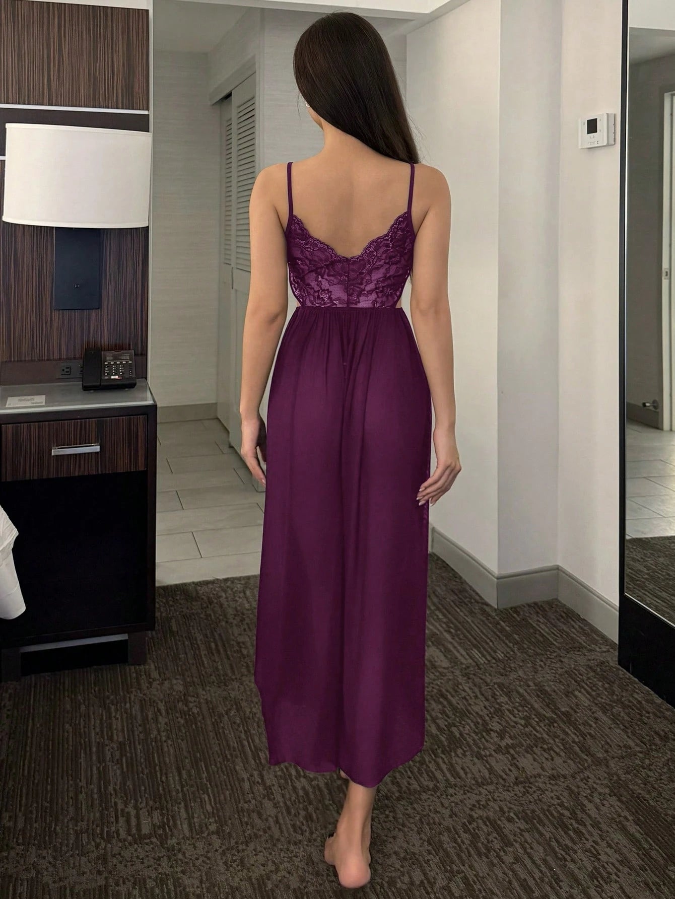 SHEIN DAZY Lace Contrast Mesh Backless Sling Strap Bodycon Sexy Nightgown