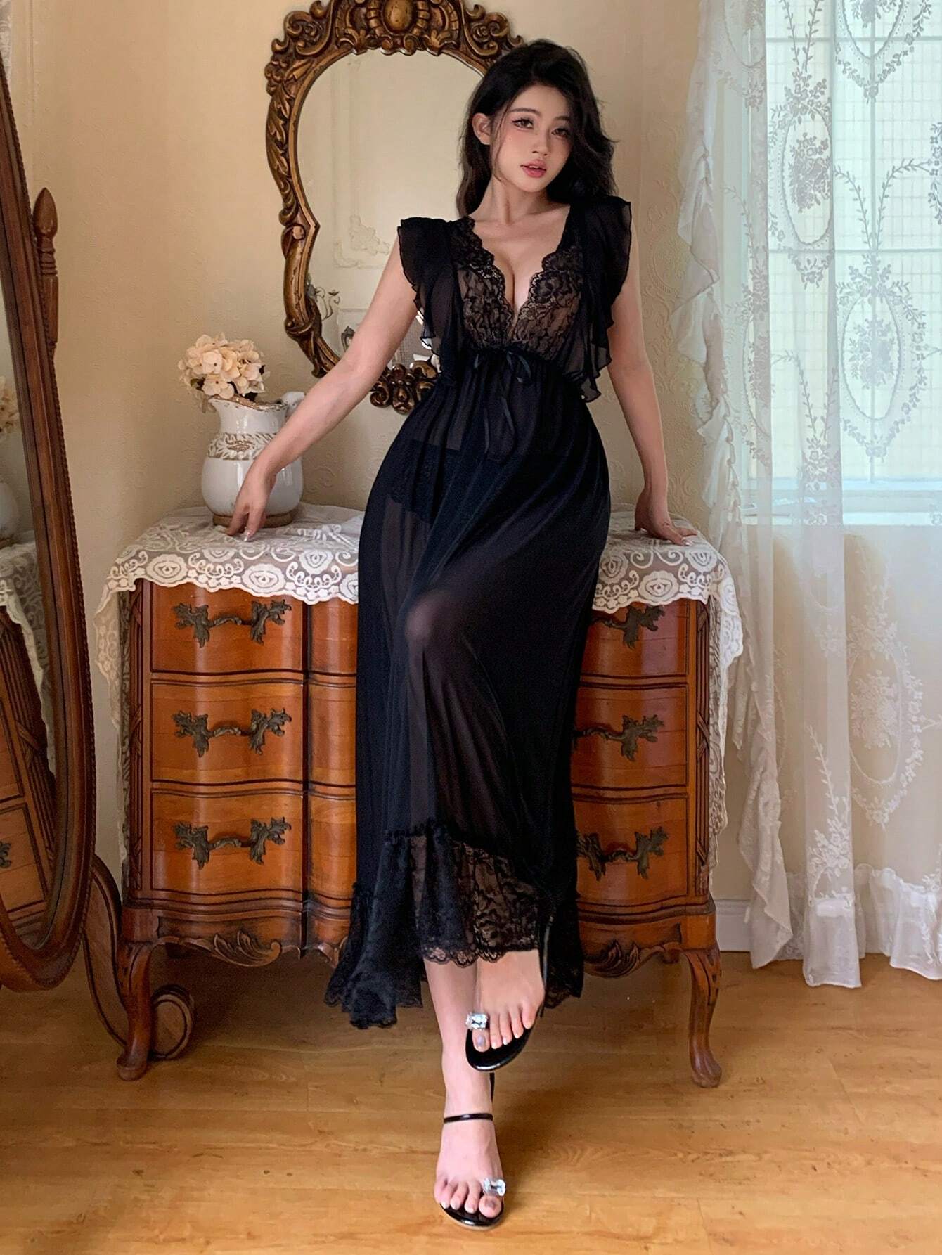 SHEIN DAZY Mesh Contrast Lace Sexy Low-Cut Fashionable Lingerie Dress With Tie Straps