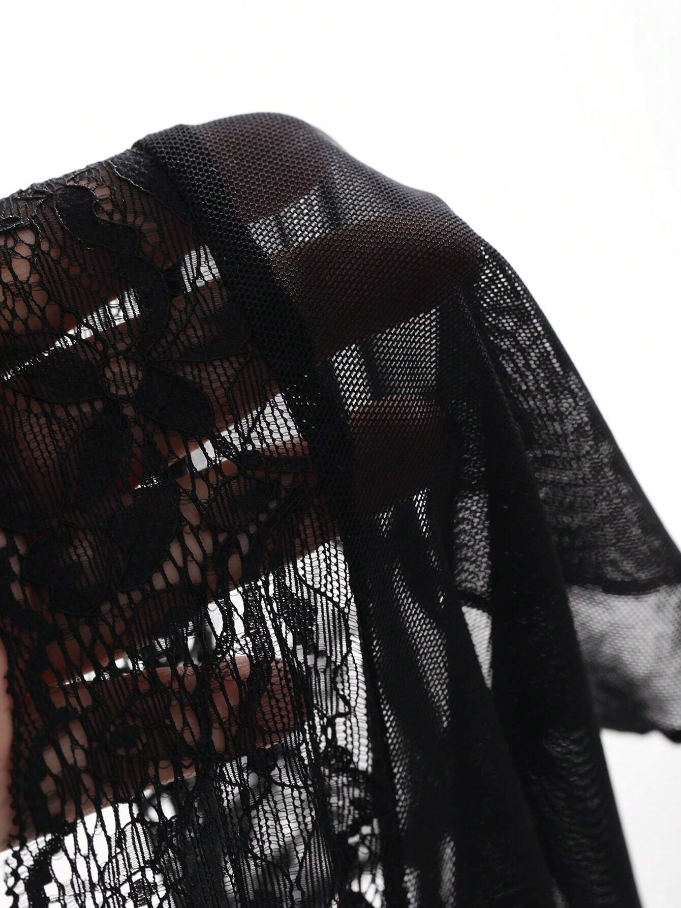 SHEIN DAZY Mesh Contrast Lace Sexy Low-Cut Fashionable Lingerie Dress With Tie Straps