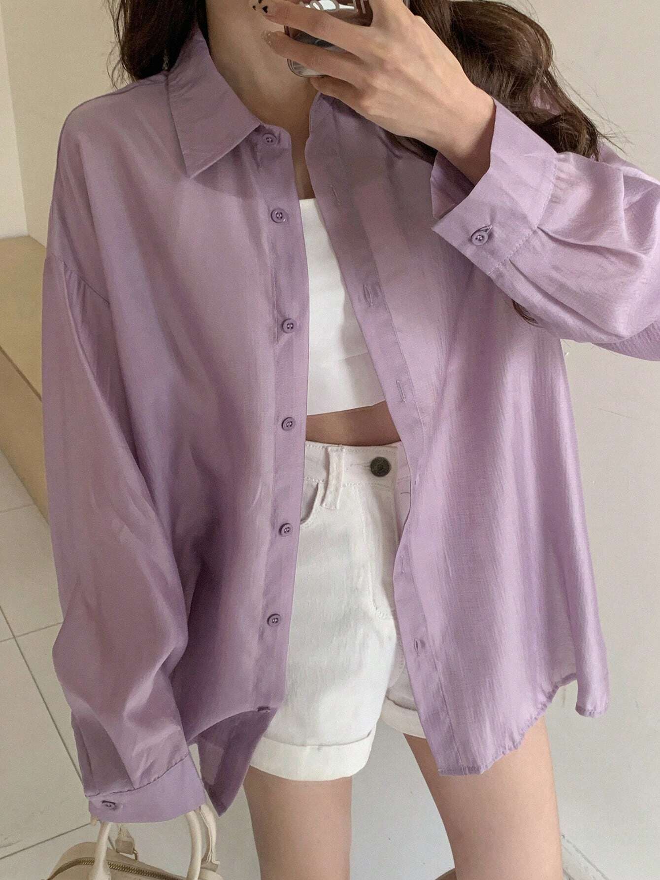  | SHEIN DAZY Solid Color Loose Fit Thin Long Sleeve Button Down Shirt | Top | Shein | OneHub