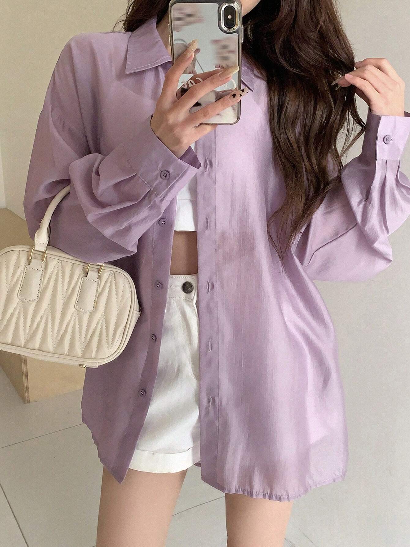  | SHEIN DAZY Solid Color Loose Fit Thin Long Sleeve Button Down Shirt | Top | Shein | OneHub