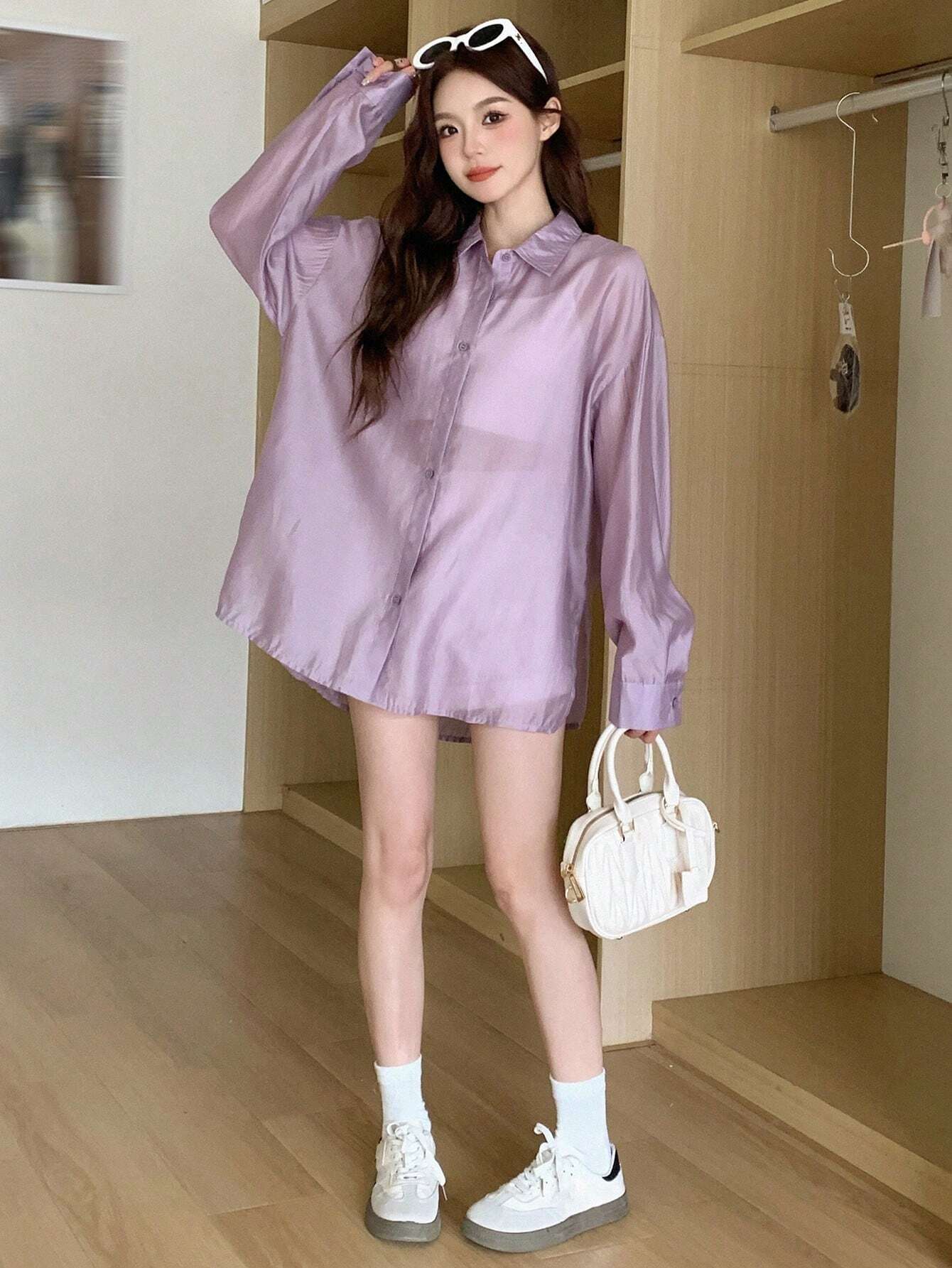  | SHEIN DAZY Solid Color Loose Fit Thin Long Sleeve Button Down Shirt | Top | Shein | OneHub