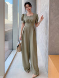 SHEIN DAZY Solid Color Square Neckline Puff Sleeve Women's Jumpsuit