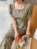 SHEIN DAZY Solid Color Square Neckline Puff Sleeve Women's Jumpsuit