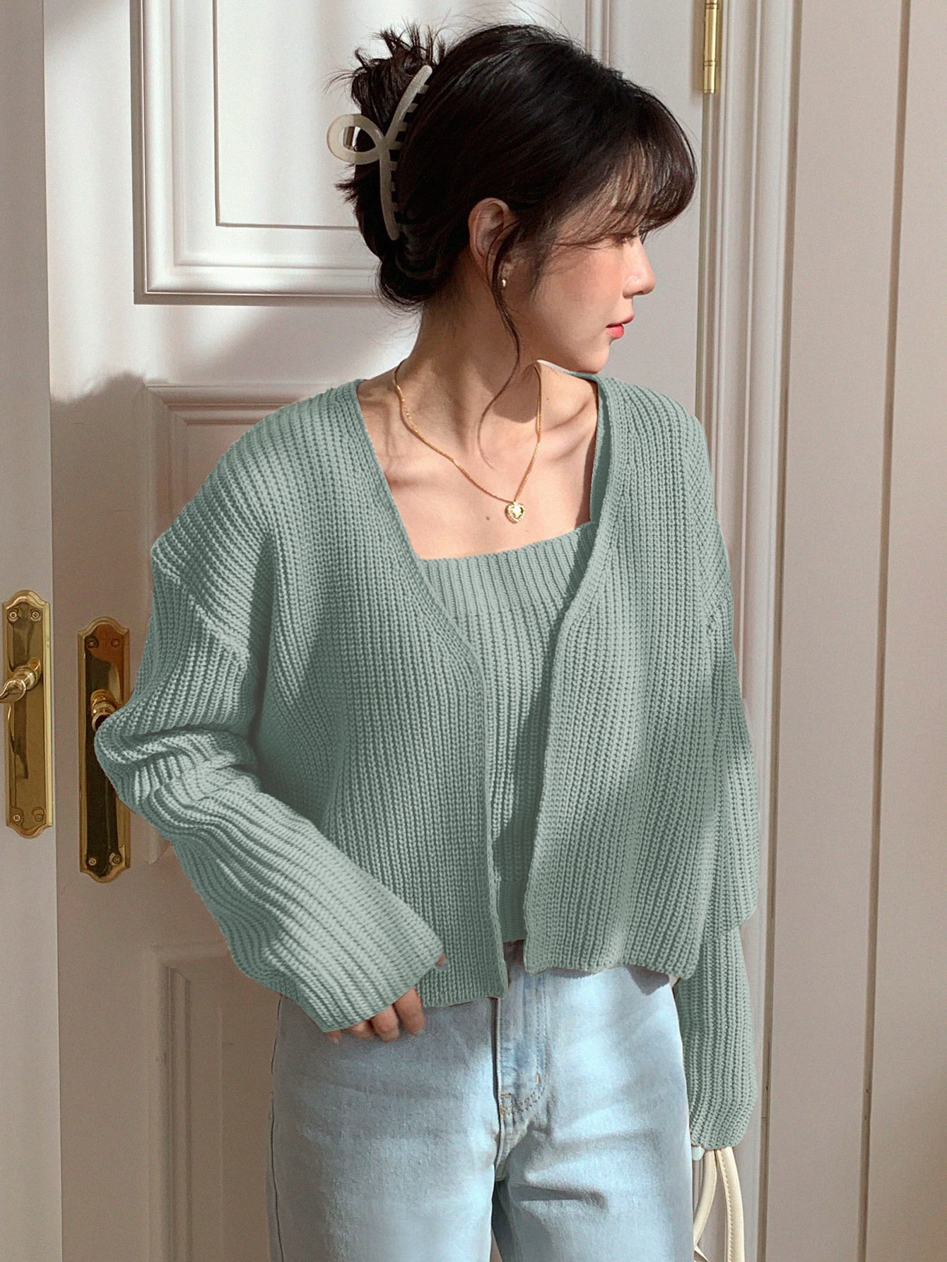  | SHEIN DAZY Solid Ribbed Cami Knit Top & Drop Shoulder Duster Cardigan | Sweater | Shein | OneHub