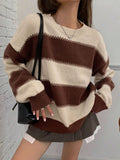 SHEIN DAZY Striped Loose Fit Crew Neck Long Sleeve Women Sweater