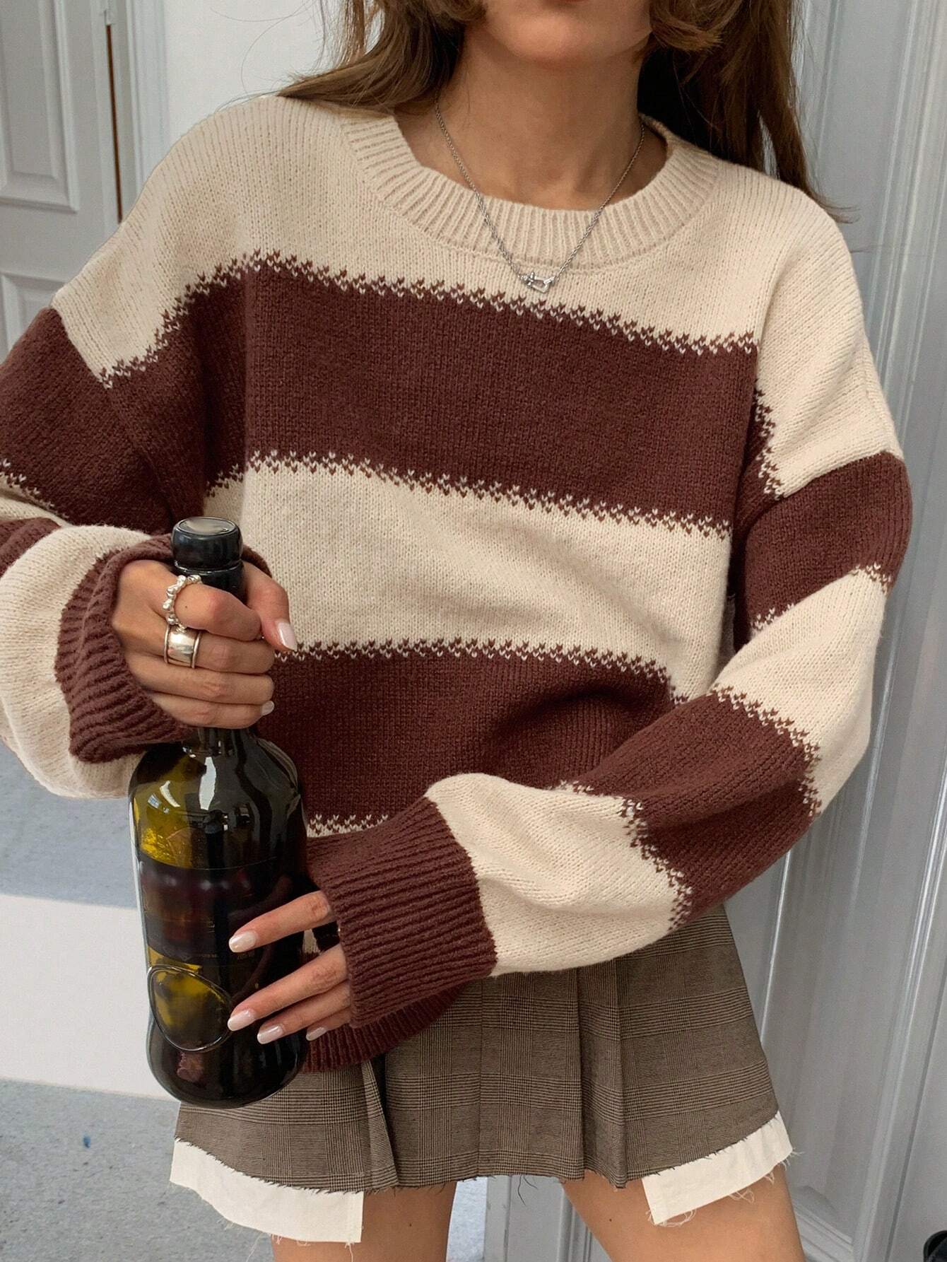 SHEIN DAZY Striped Loose Fit Crew Neck Long Sleeve Women Sweater