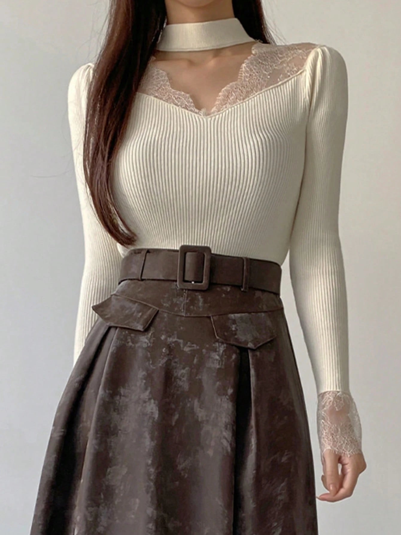 SHEIN DAZY Women Lace Splice Hollow Out Slim Fit Long Sleeve Sweater, White, Spring/Autumn,Fall Women Clothes