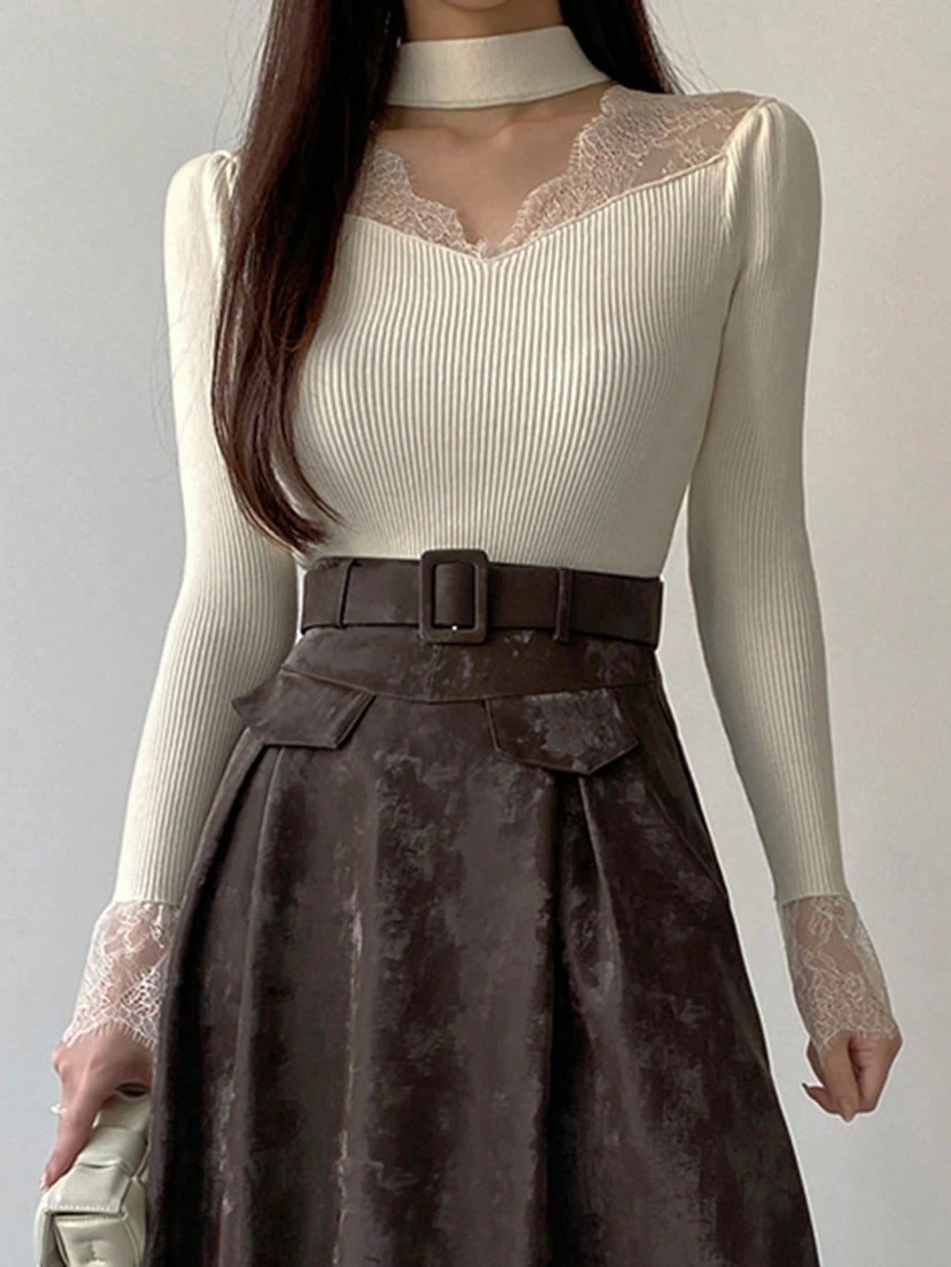 SHEIN DAZY Women Lace Splice Hollow Out Slim Fit Long Sleeve Sweater, White, Spring/Autumn,Fall Women Clothes