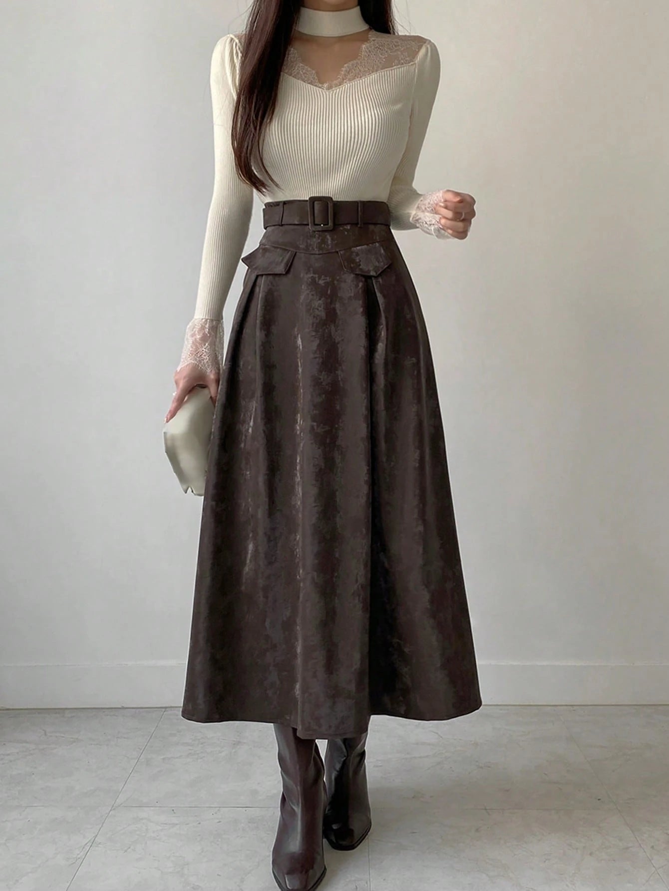 SHEIN DAZY Women Lace Splice Hollow Out Slim Fit Long Sleeve Sweater, White, Spring/Autumn,Fall Women Clothes