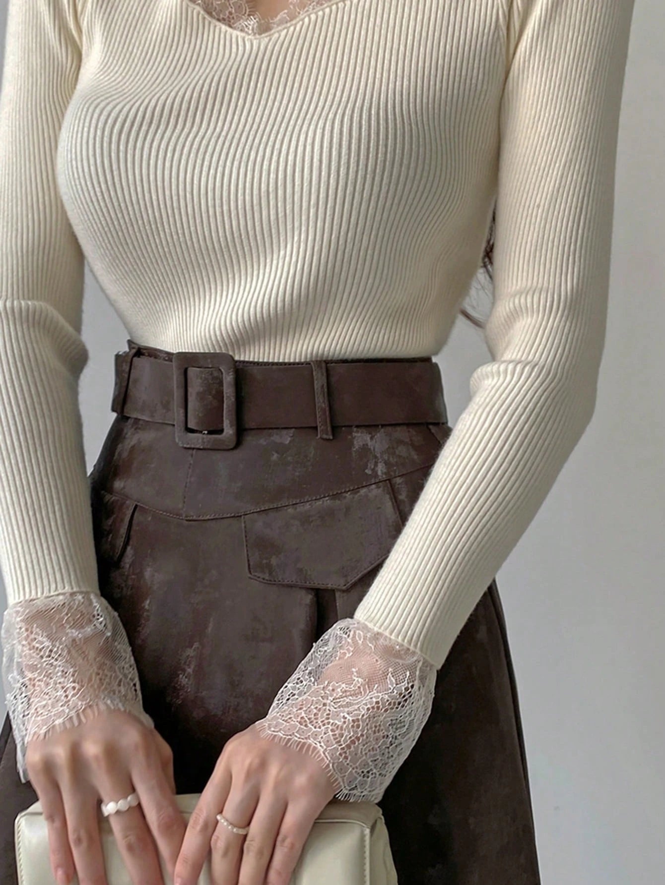 SHEIN DAZY Women Lace Splice Hollow Out Slim Fit Long Sleeve Sweater, White, Spring/Autumn,Fall Women Clothes