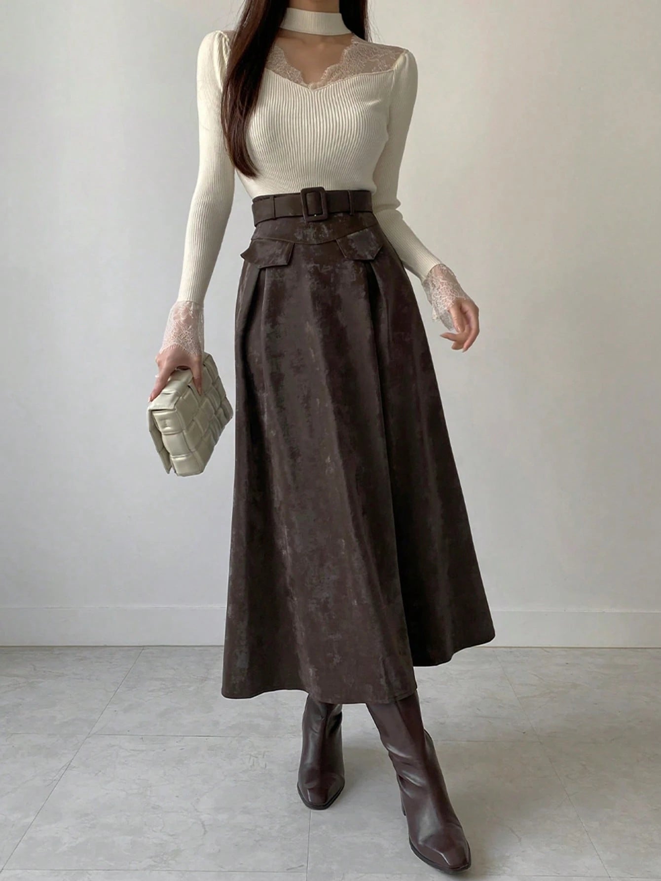 SHEIN DAZY Women Lace Splice Hollow Out Slim Fit Long Sleeve Sweater, White, Spring/Autumn,Fall Women Clothes