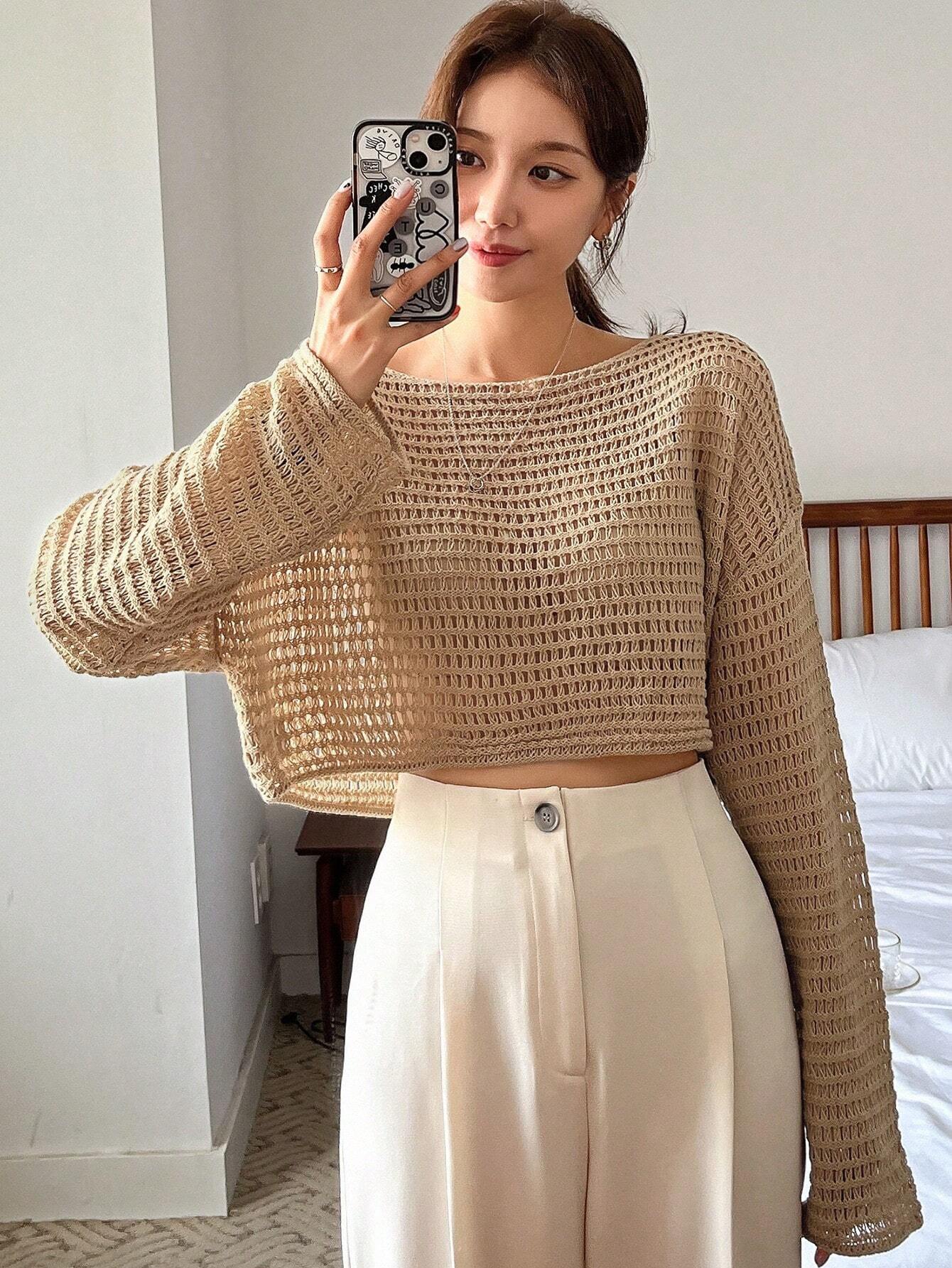  | SHEIN DAZY Women Solid Color Basic Round Neck Hollow Knitted Sweater | Sweater | Shein | OneHub