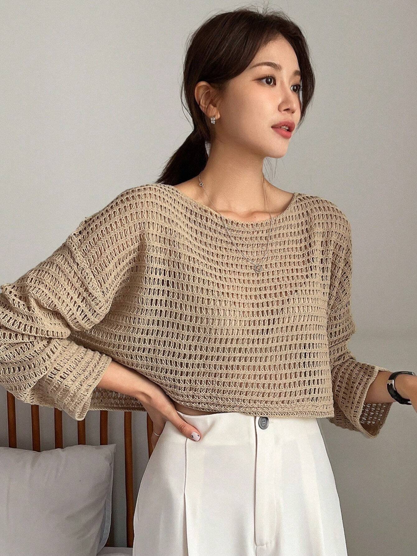  | SHEIN DAZY Women Solid Color Basic Round Neck Hollow Knitted Sweater | Sweater | Shein | OneHub
