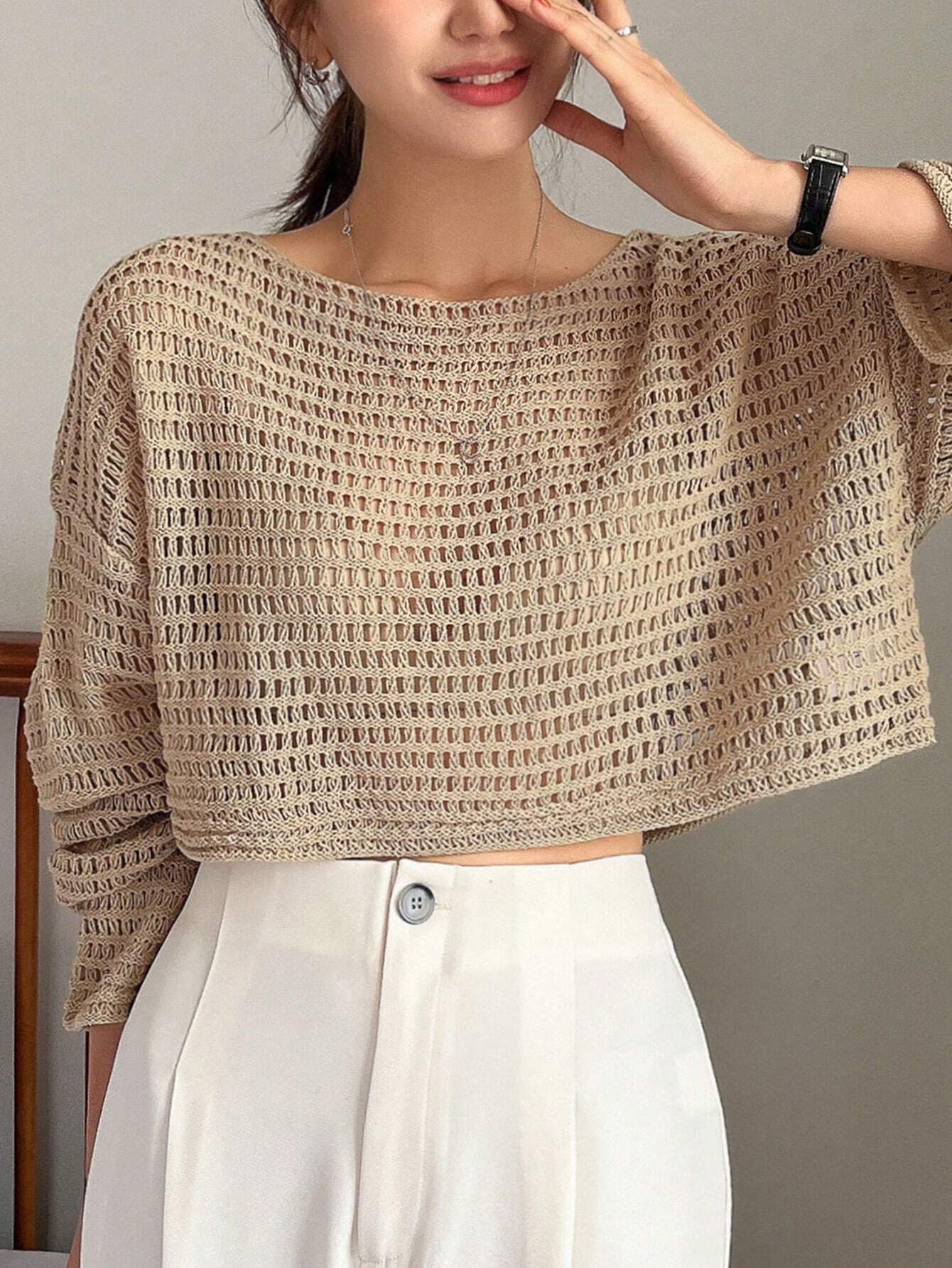  | SHEIN DAZY Women Solid Color Basic Round Neck Hollow Knitted Sweater | Sweater | Shein | OneHub