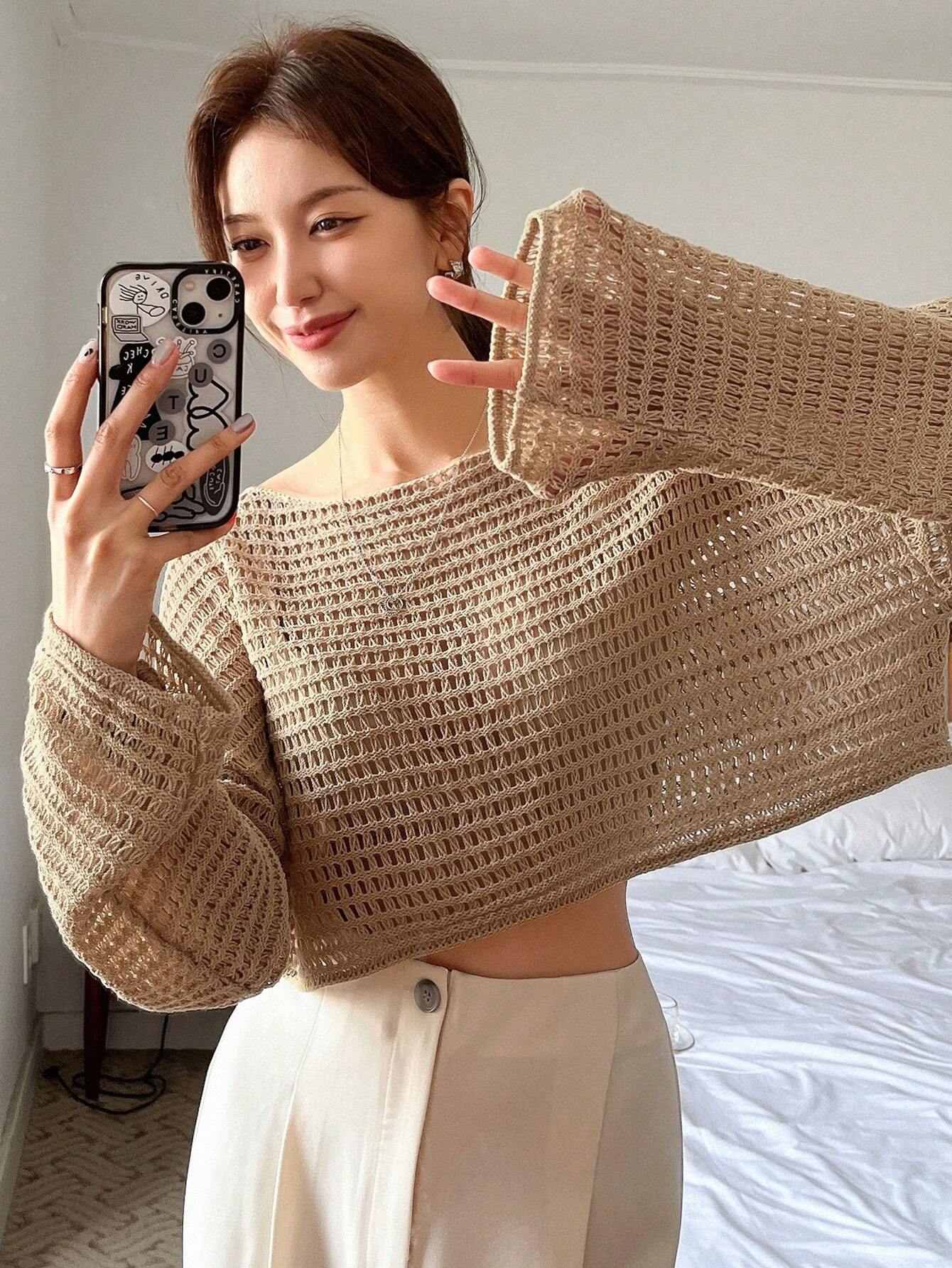  | SHEIN DAZY Women Solid Color Basic Round Neck Hollow Knitted Sweater | Sweater | Shein | OneHub