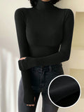 SHEIN DAZY Women Solid Color Long Sleeve Turtleneck Stretchy Fleece T-Shirt, Autumn/Winter