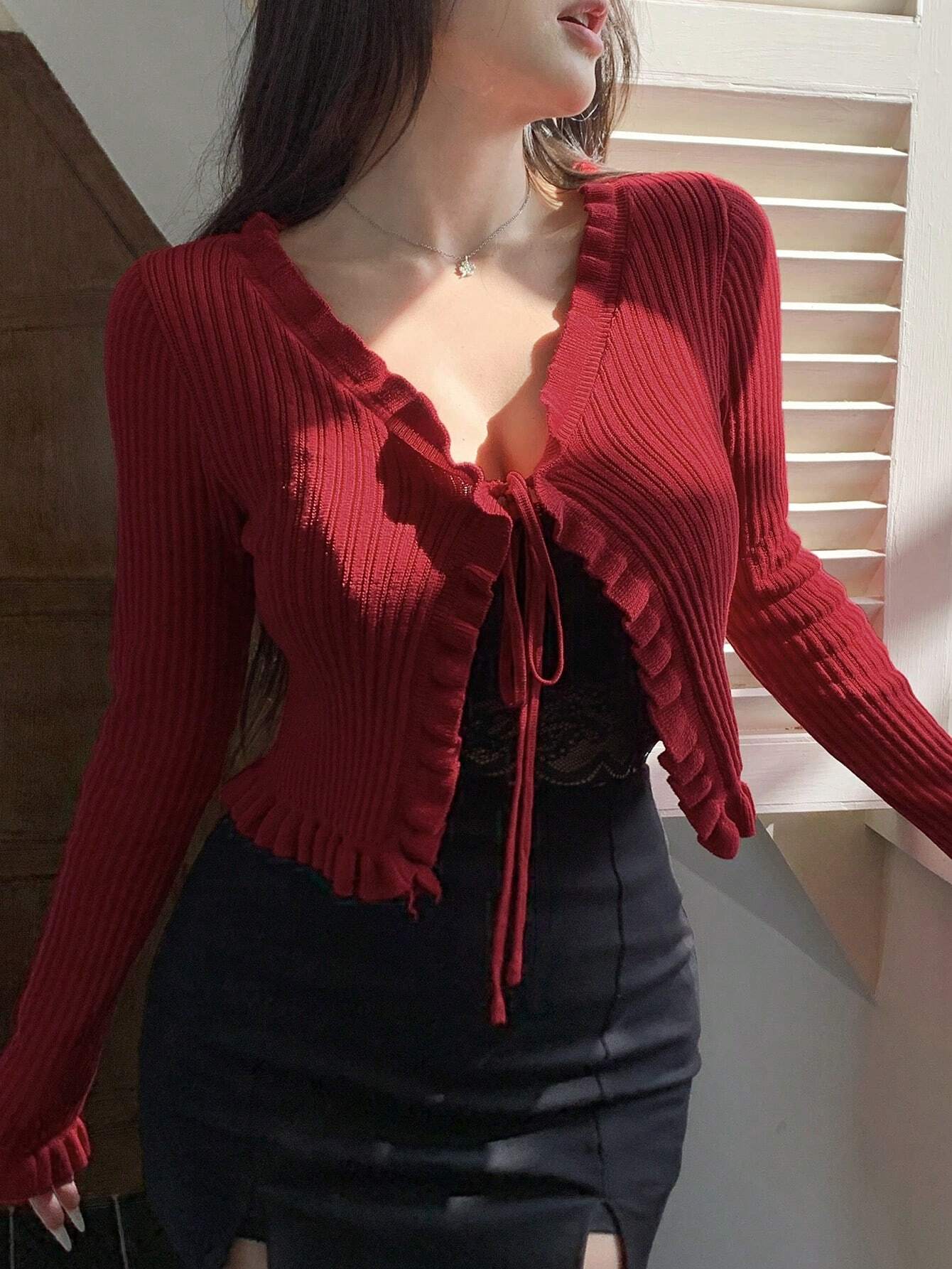  | SHEIN DAZY Women Spring And Autumn Solid Color Long Sleeve Front Tie Short Ruffle Cardigan | Sweater | Shein | OneHub