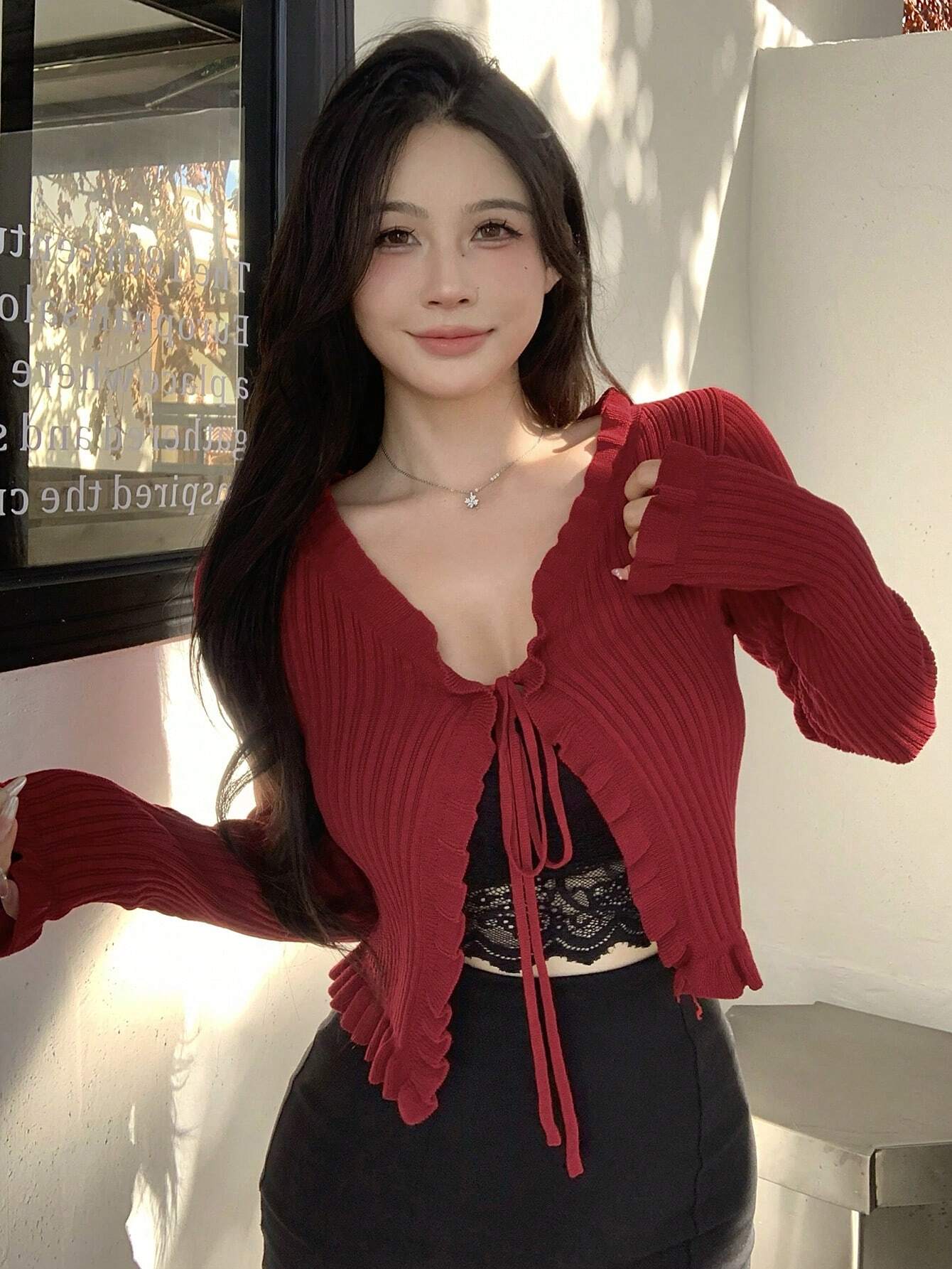  | SHEIN DAZY Women Spring And Autumn Solid Color Long Sleeve Front Tie Short Ruffle Cardigan | Sweater | Shein | OneHub