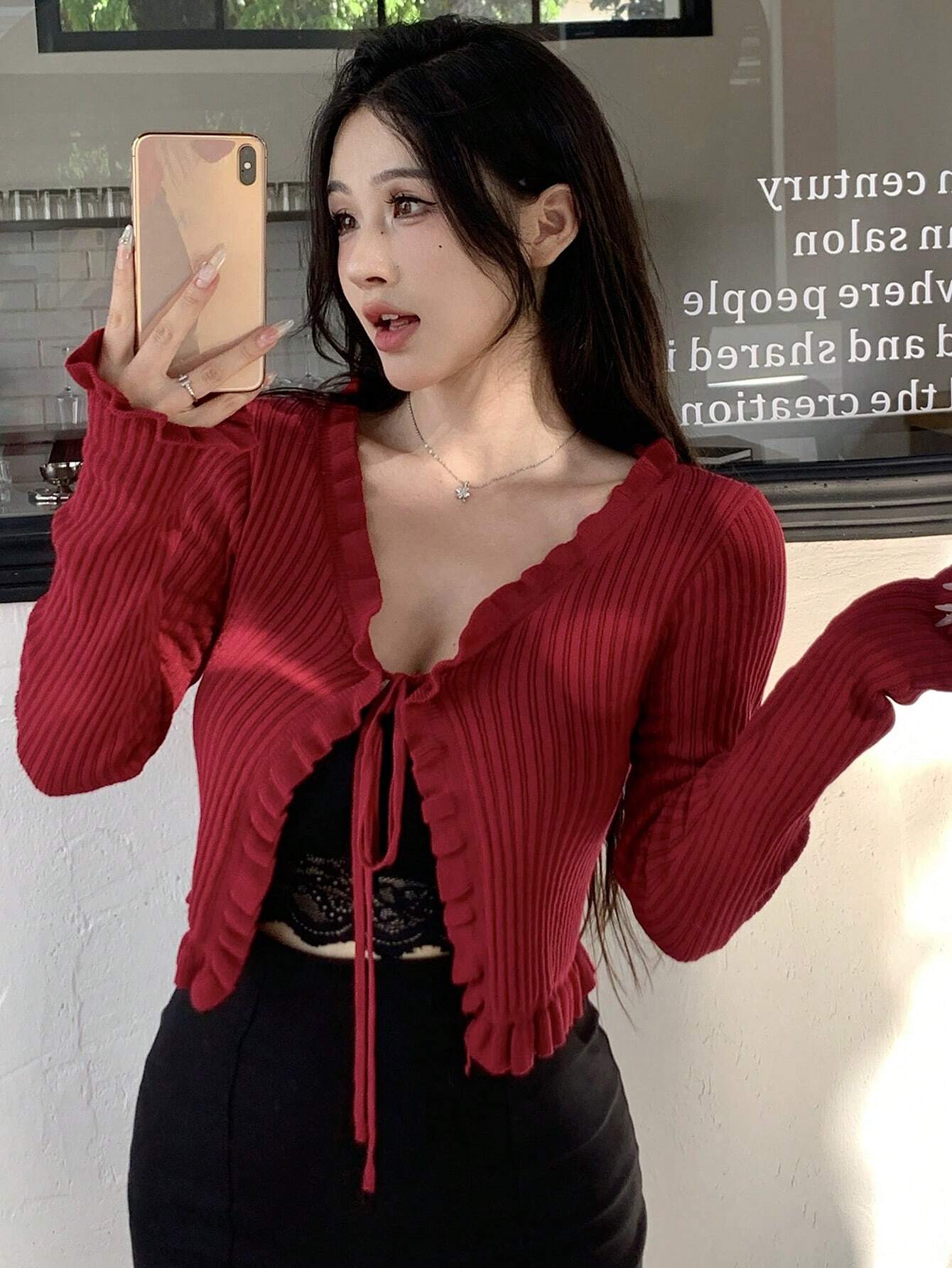  | SHEIN DAZY Women Spring And Autumn Solid Color Long Sleeve Front Tie Short Ruffle Cardigan | Sweater | Shein | OneHub