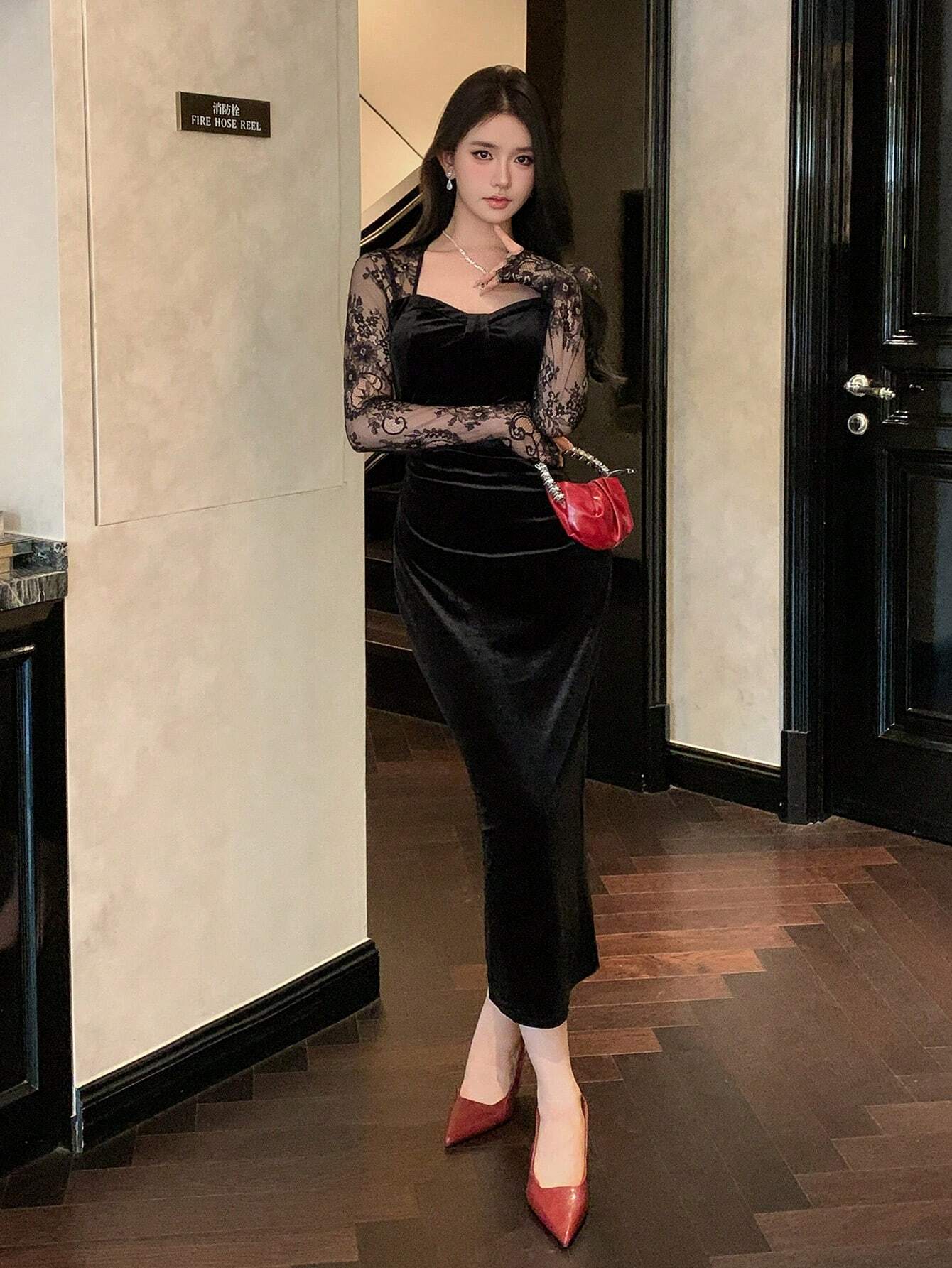  | SHEIN DAZY Women's Elegant Contrast Lace Long Dress, Autumn ,New Year Eve Prom Dress Elegant Long Sleeve Dress | Dress | Shein | OneHub