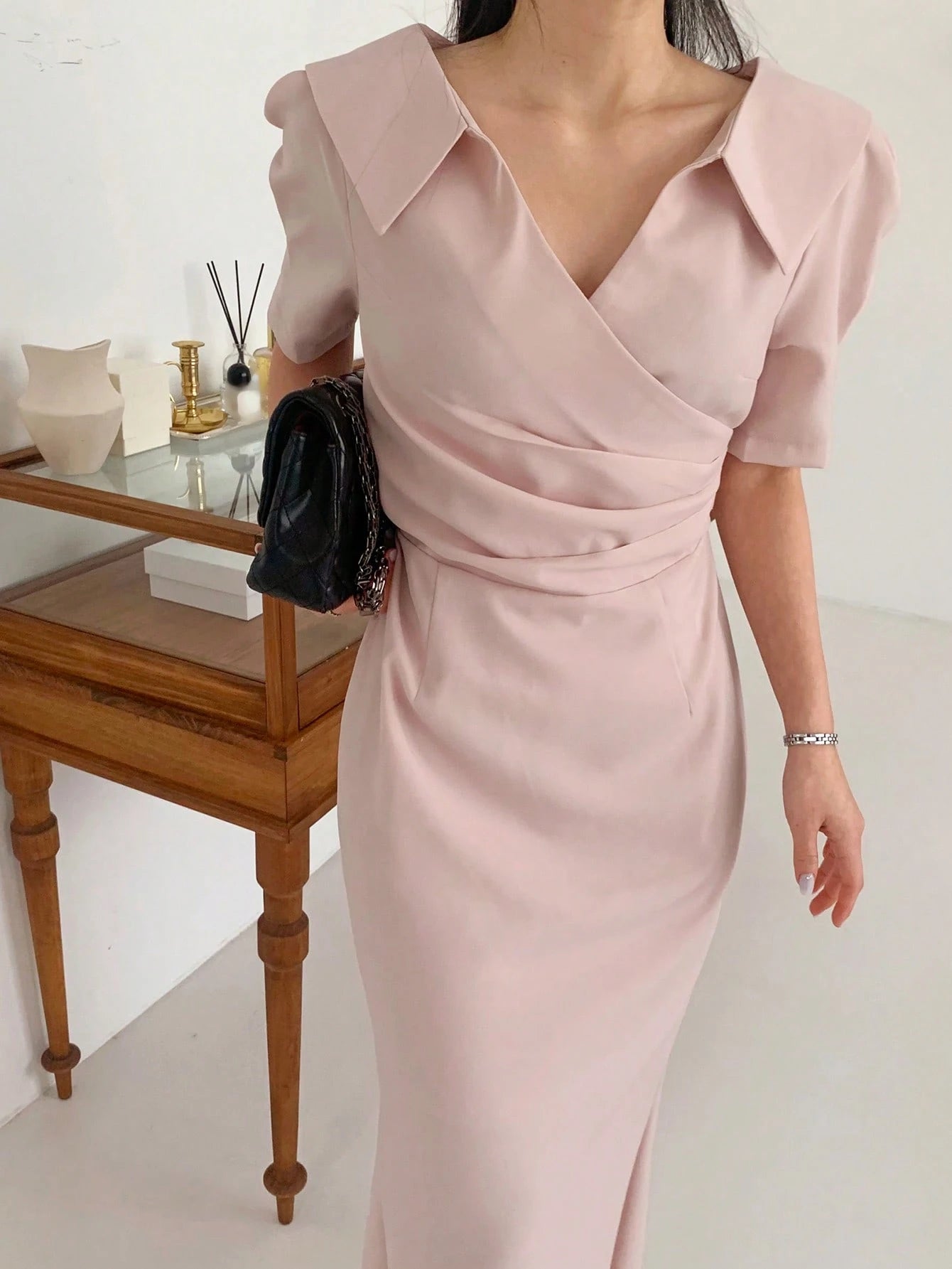 SHEIN DAZY Women's Polo Collar Short Sleeve Waist Fit Mermaid Midi Dress Shirt Dress