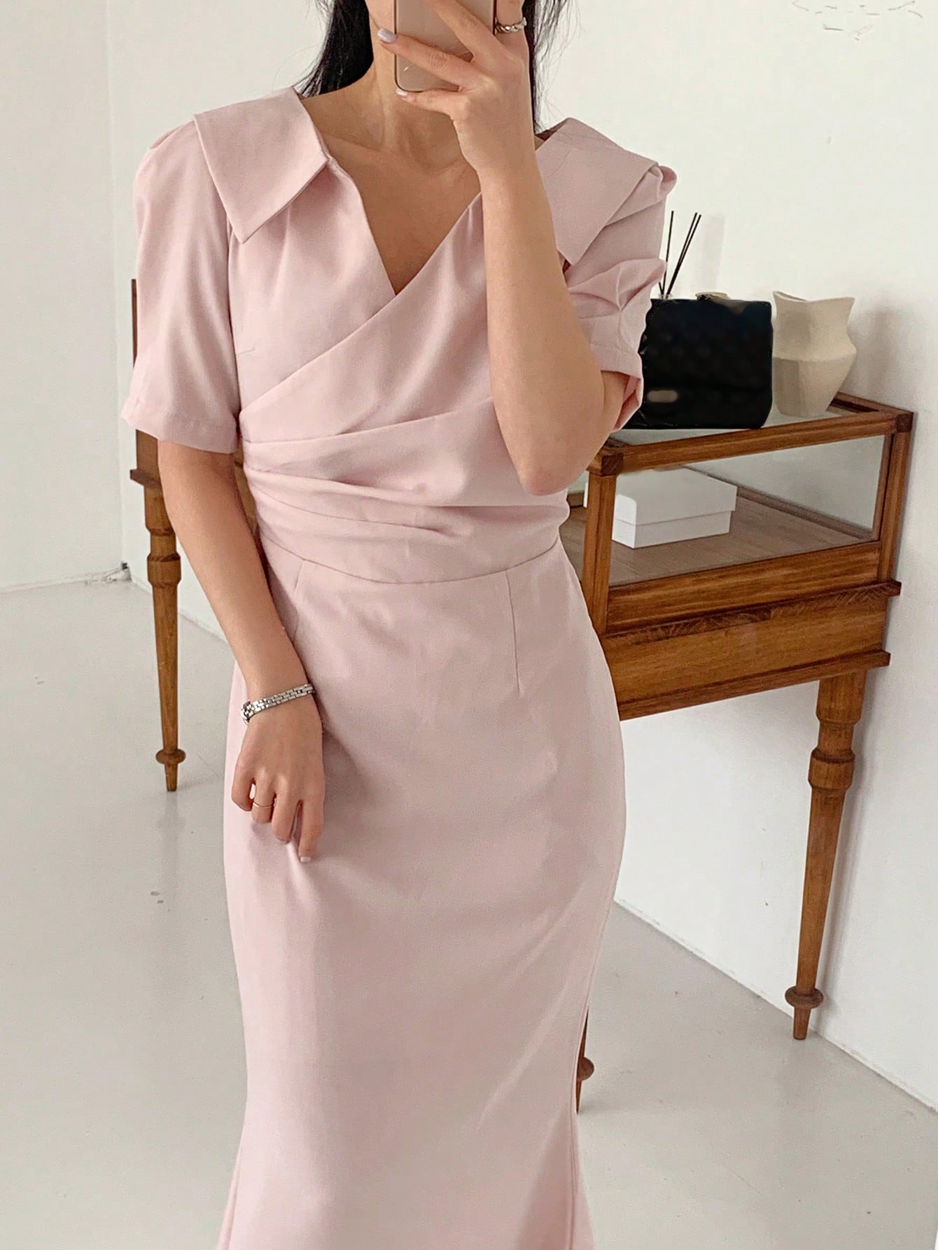 SHEIN DAZY Women's Polo Collar Short Sleeve Waist Fit Mermaid Midi Dress Shirt Dress