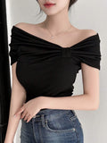  | SHEIN DAZY Women's Solid Color Asymmetric Collar & Pleated T-Shirt | T-shirt | Shein | OneHub