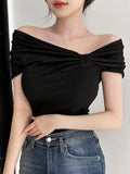  | SHEIN DAZY Women's Solid Color Asymmetric Collar & Pleated T-Shirt | T-shirt | Shein | OneHub