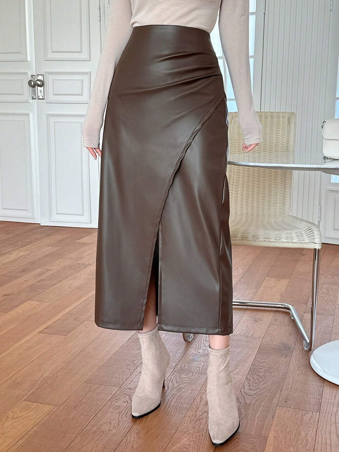 SHEIN DAZY Women's Solid Color Asymmetric Design Casual Skirt,Pencil Skirt Leather Skirt