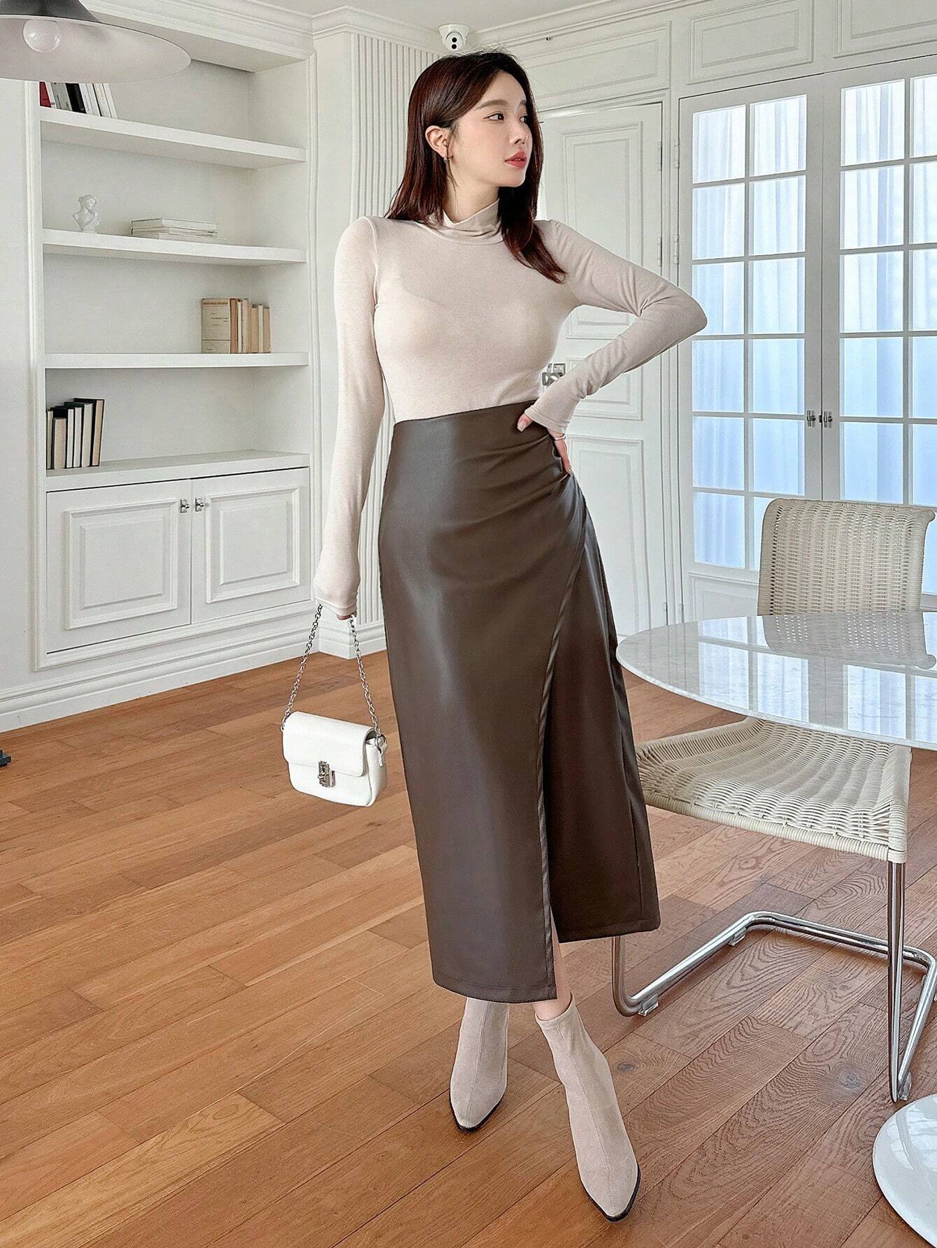 SHEIN DAZY Women's Solid Color Asymmetric Design Casual Skirt,Pencil Skirt Leather Skirt