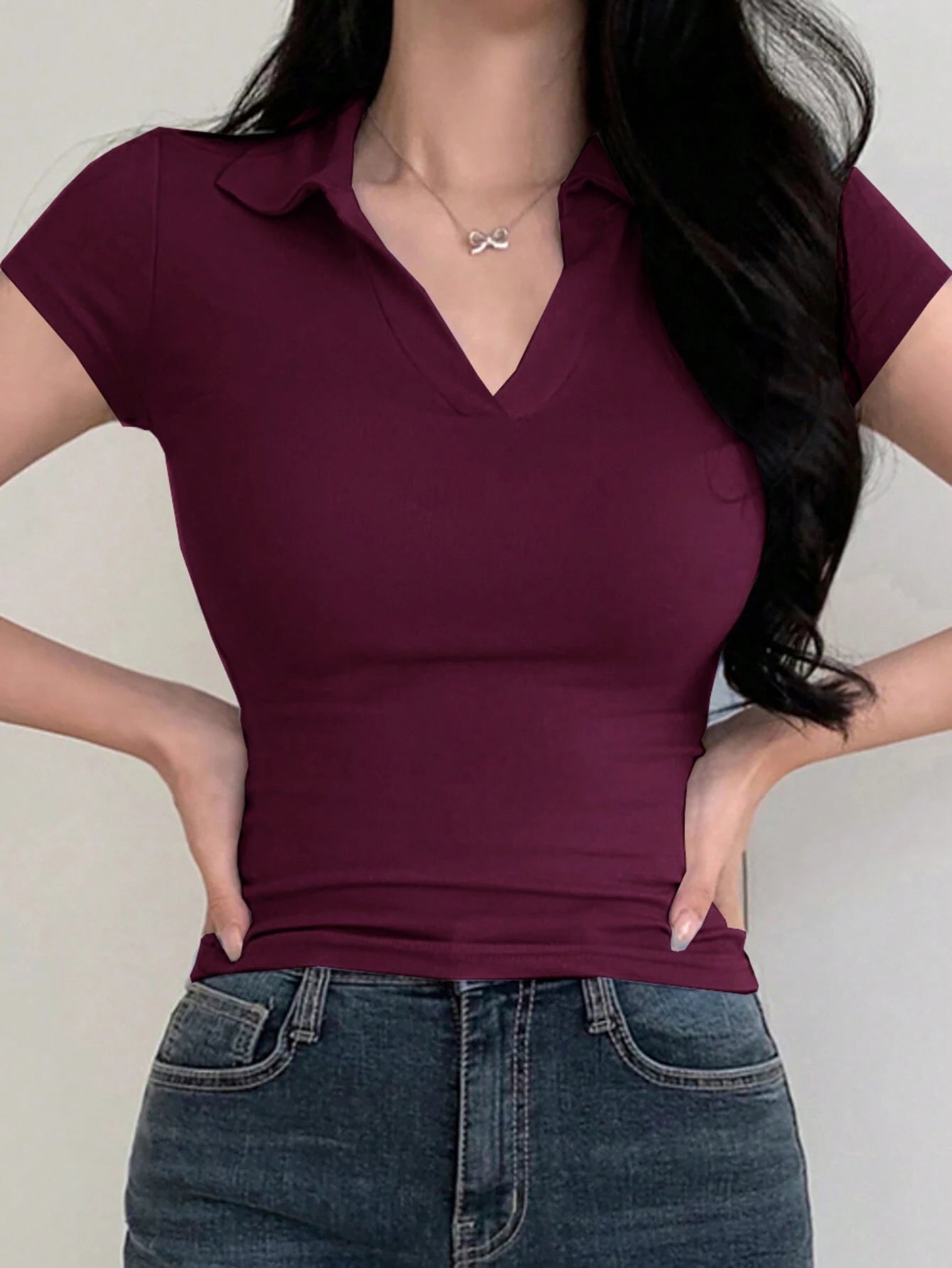  | SHEIN DAZY Women's Solid Color Lapel Short Sleeve V-Neck Simple Tight Polo Neck T-Shirt | Shirt | Shein | OneHub