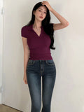  | SHEIN DAZY Women's Solid Color Lapel Short Sleeve V-Neck Simple Tight Polo Neck T-Shirt | Shirt | Shein | OneHub
