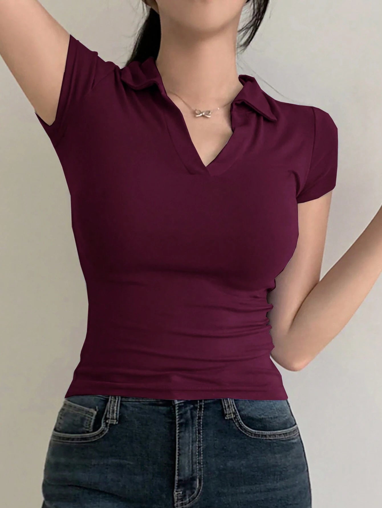  | SHEIN DAZY Women's Solid Color Lapel Short Sleeve V-Neck Simple Tight Polo Neck T-Shirt | Shirt | Shein | OneHub
