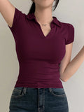  | SHEIN DAZY Women's Solid Color Lapel Short Sleeve V-Neck Simple Tight Polo Neck T-Shirt | Shirt | Shein | OneHub