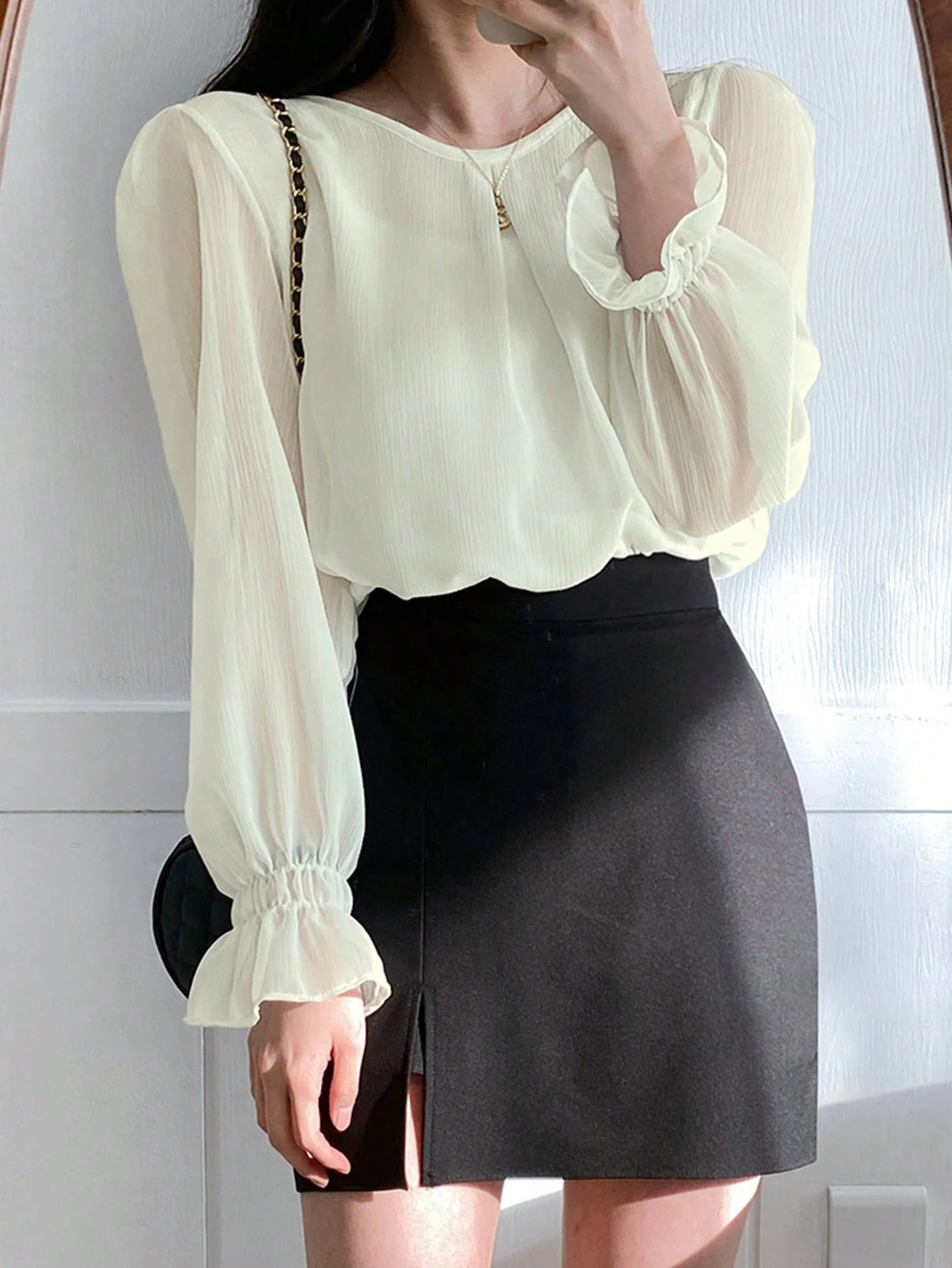  | SHEIN DAZY Women's Solid Color Round Neck Long Sleeve Elegant Blouse, Business Casual, Autumn | Blouse | Shein | OneHub