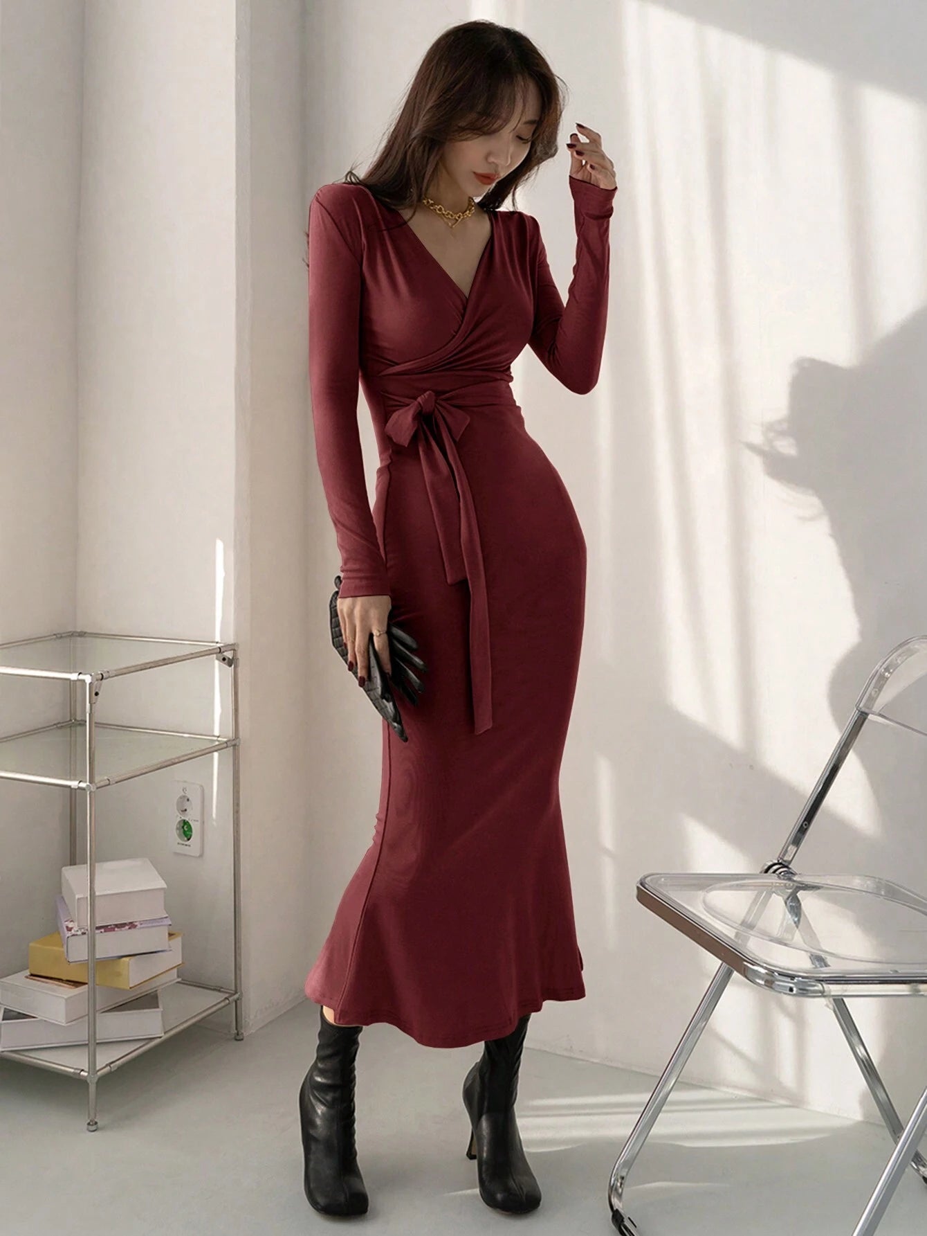  | SHEIN DAZY Women's Solid Color Self-Tie Wrap Midi Dress | Dress | Shein | OneHub