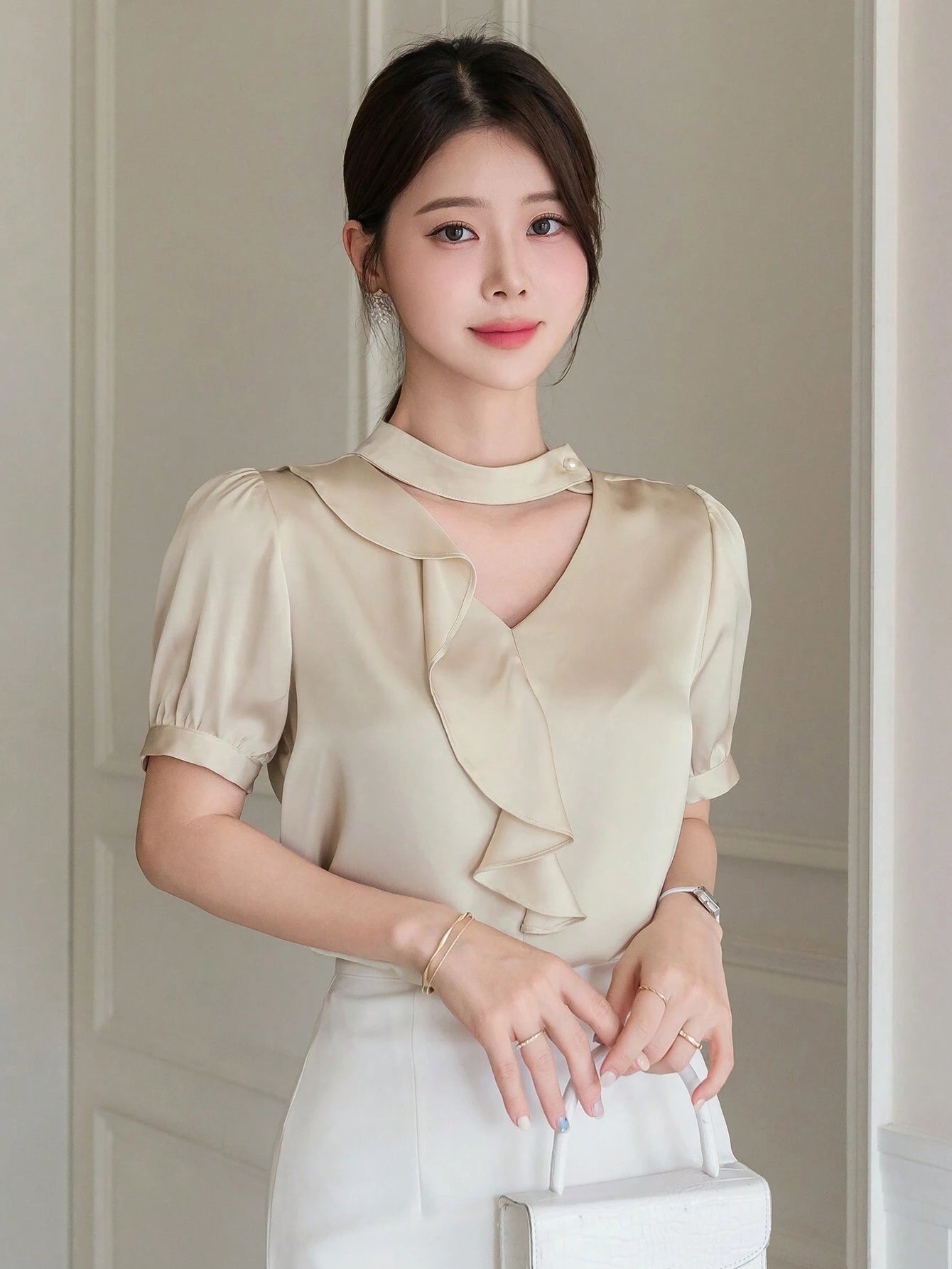 SHEIN DAZY Women's Solid Color Simple Everyday Short Sleeve Shirt,Ruffle