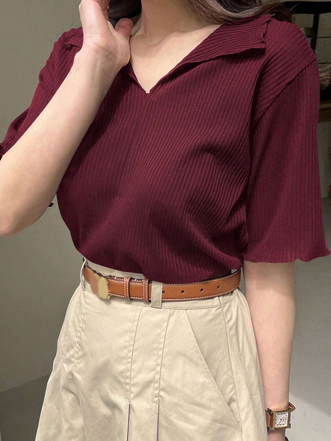  | SHEIN DAZY Women's Solid Color Turn-Down Collar Slim-Fit T-Shirt | Shirt | Shein | OneHub