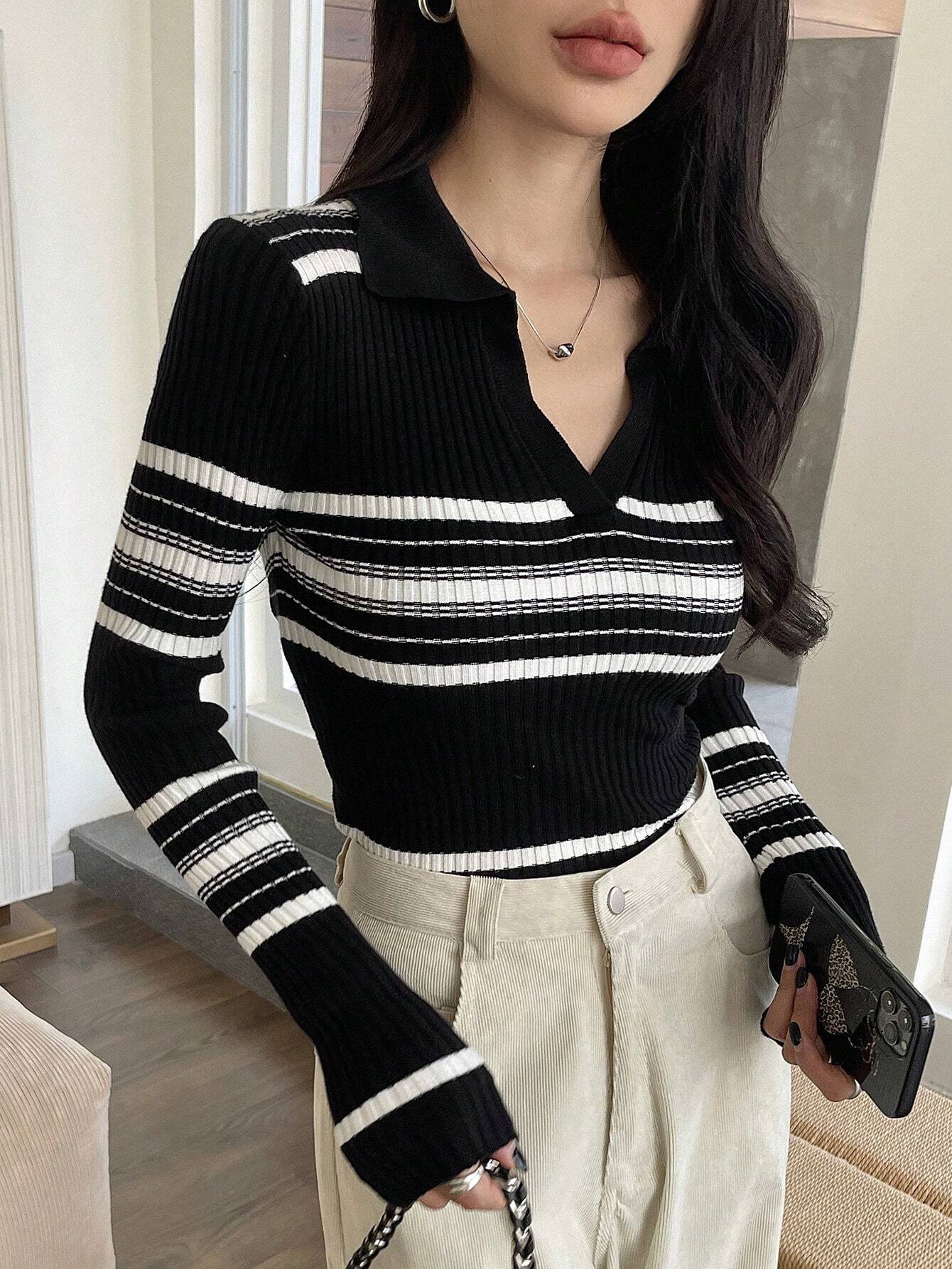  | SHEIN DAZY Women's Striped Collared Long Sleeve Business Casual Pullover Sweater,Fall Clothes | Sweater | Shein | OneHub