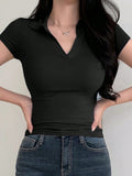  | SHEIN DAZY Women's Summer Solid Color Tight-Fitting Turn-Down Collar Short Sleeve T-Shirt | Shirt | Shein | OneHub
