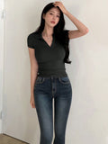  | SHEIN DAZY Women's Summer Solid Color Tight-Fitting Turn-Down Collar Short Sleeve T-Shirt | Shirt | Shein | OneHub