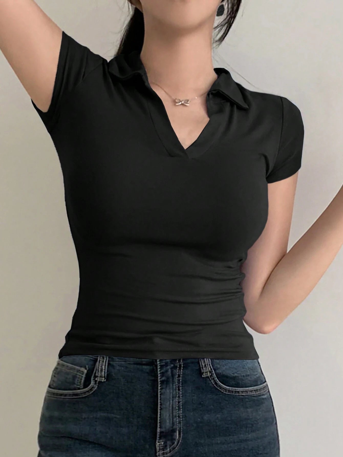  | SHEIN DAZY Women's Summer Solid Color Tight-Fitting Turn-Down Collar Short Sleeve T-Shirt | Shirt | Shein | OneHub