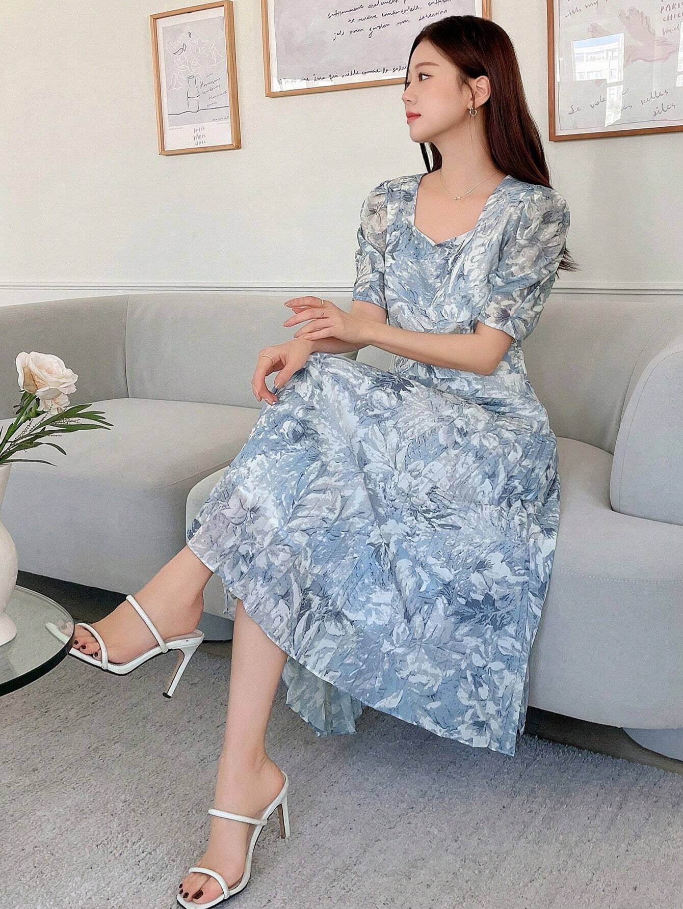  | SHEIN DAZY Women's Sweetheart Neckline Watercolor Floral Print Cinched Waist Puff Sleeve Pleated Dress | Dress | Shein | OneHub