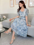  | SHEIN DAZY Women's Sweetheart Neckline Watercolor Floral Print Cinched Waist Puff Sleeve Pleated Dress | Dress | Shein | OneHub