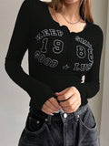  | SHEIN DAZY Women's Tight-Fitting Long-Sleeved T-Shirt With Half Placket Button & Round Neck & Letter Print | Sweater | Shein | OneHub