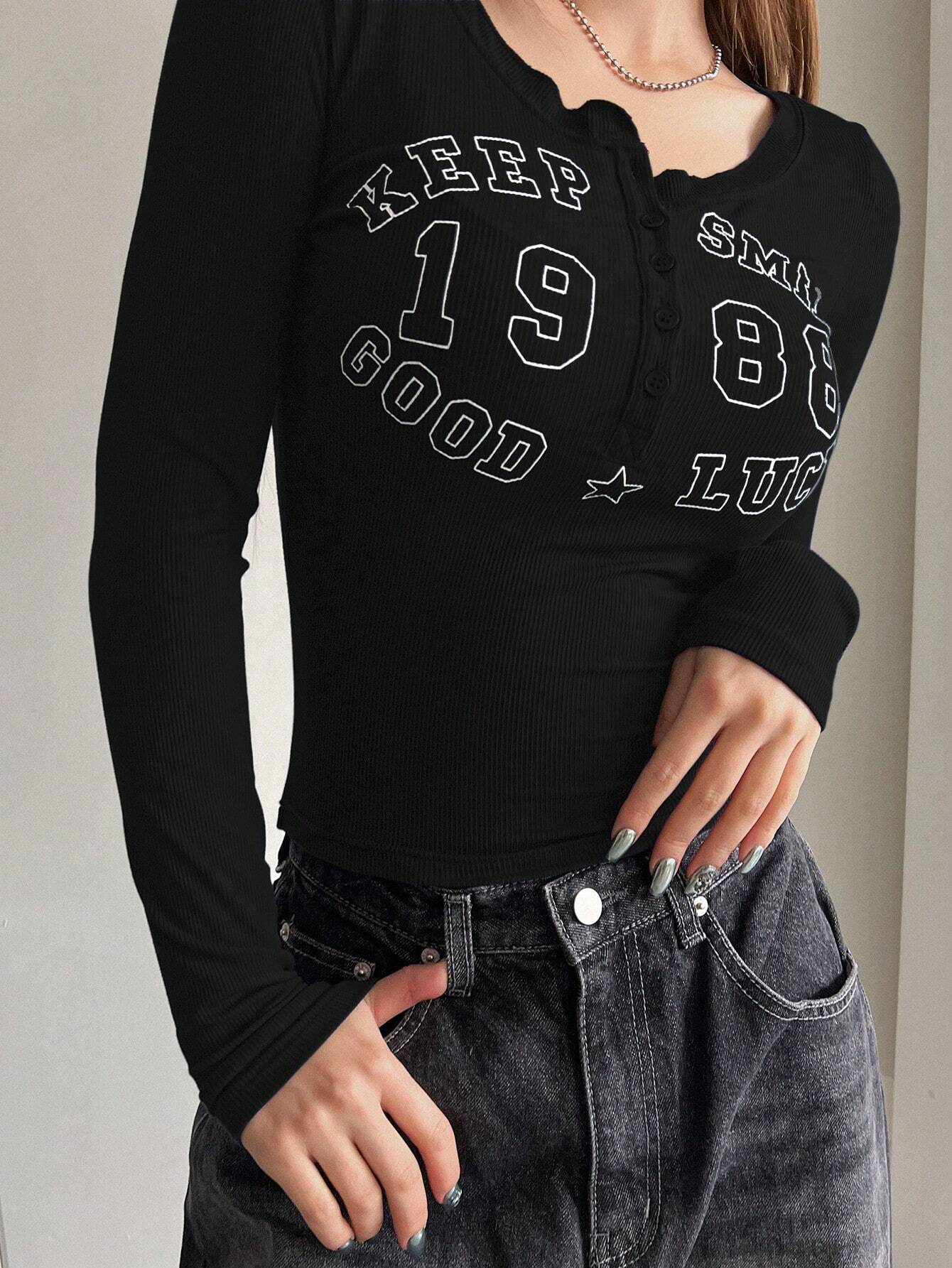  | SHEIN DAZY Women's Tight-Fitting Long-Sleeved T-Shirt With Half Placket Button & Round Neck & Letter Print | Sweater | Shein | OneHub