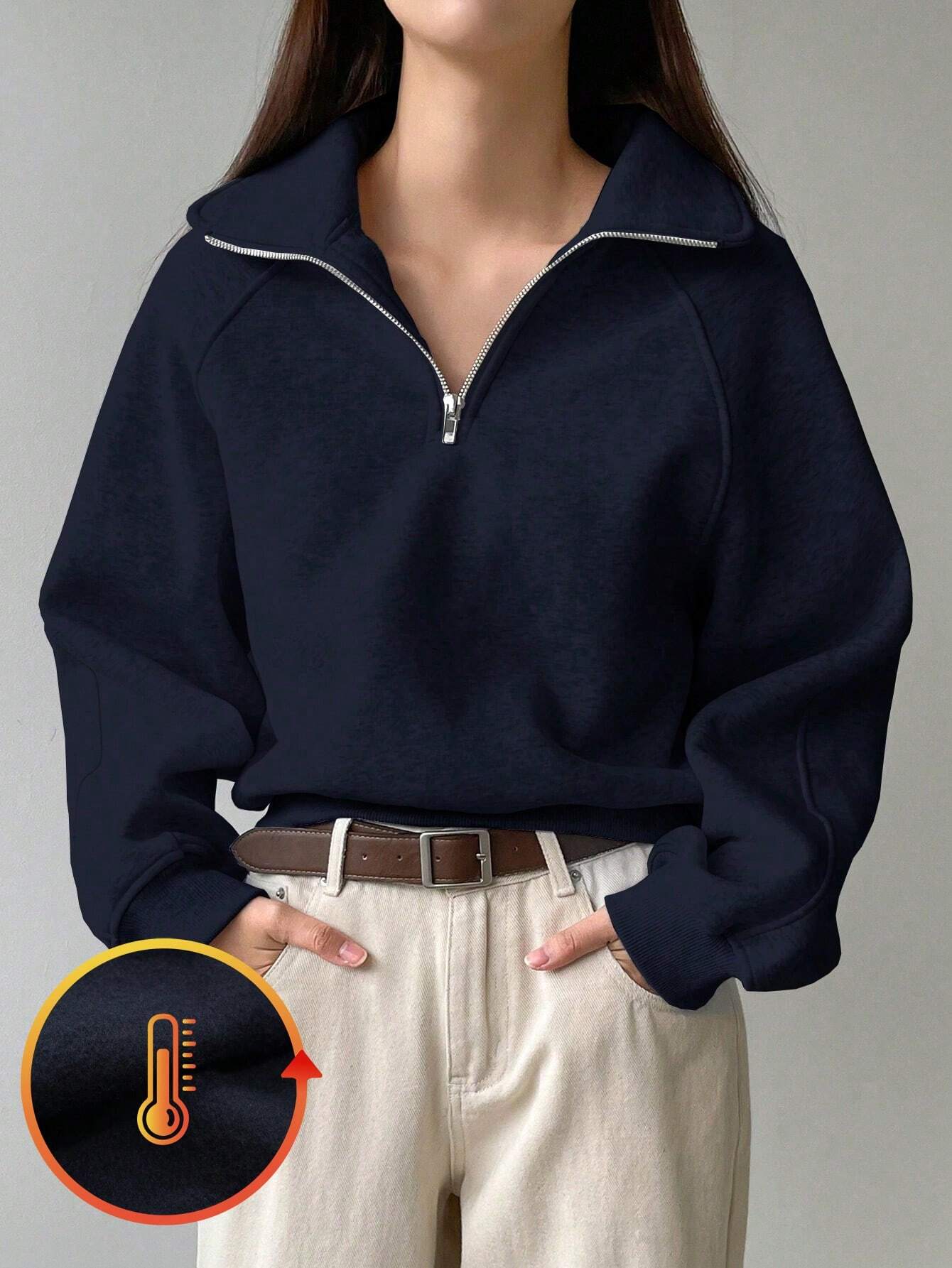 SHEIN Dazy-Less Women Loose Half Zip Collar Solid Color Fleece Sweatshirt, Long Sleeve Tops Old Money Style, Fall Clothes, Thermal Lined