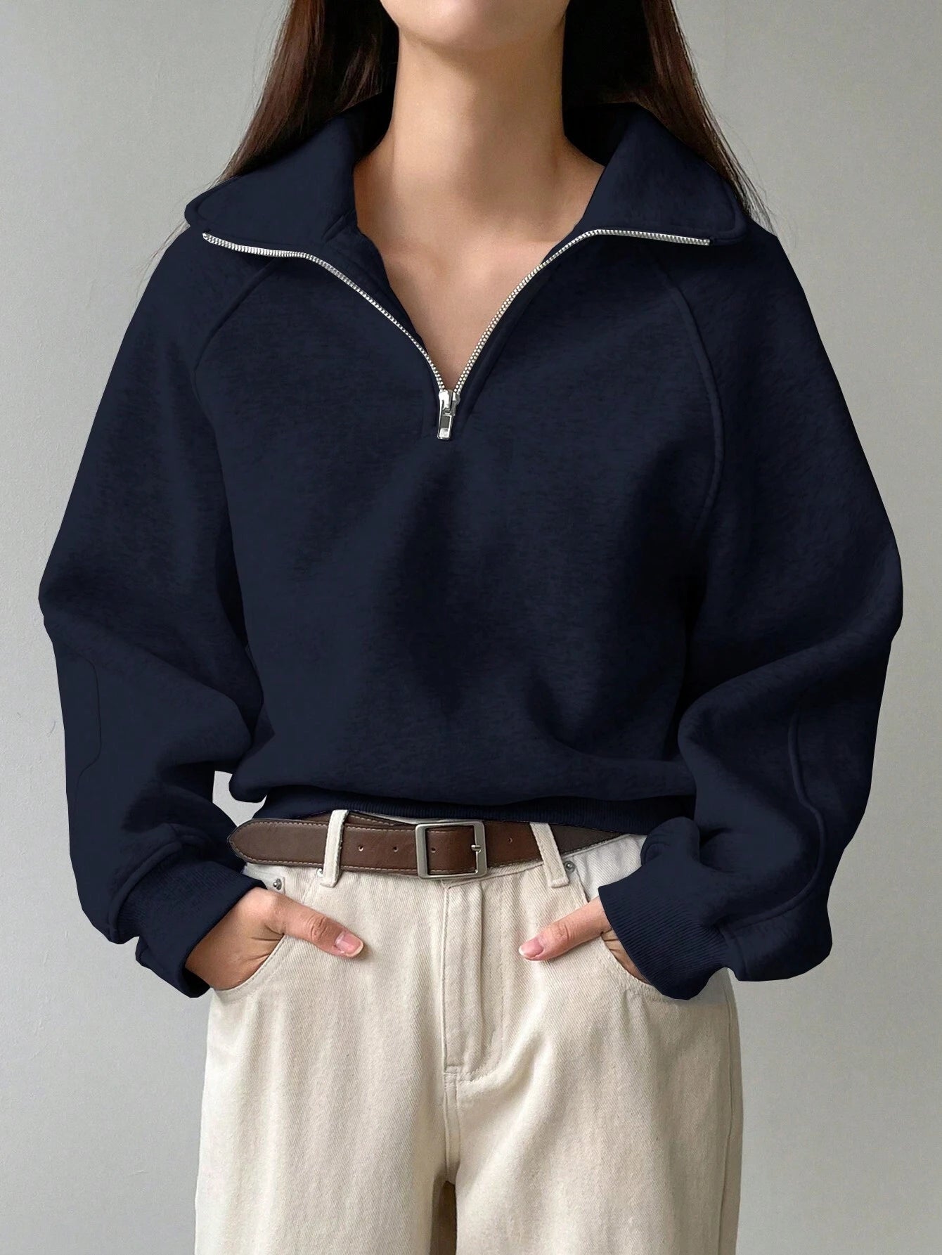 SHEIN Dazy-Less Women Loose Half Zip Collar Solid Color Fleece Sweatshirt, Long Sleeve Tops Old Money Style, Fall Clothes, Thermal Lined