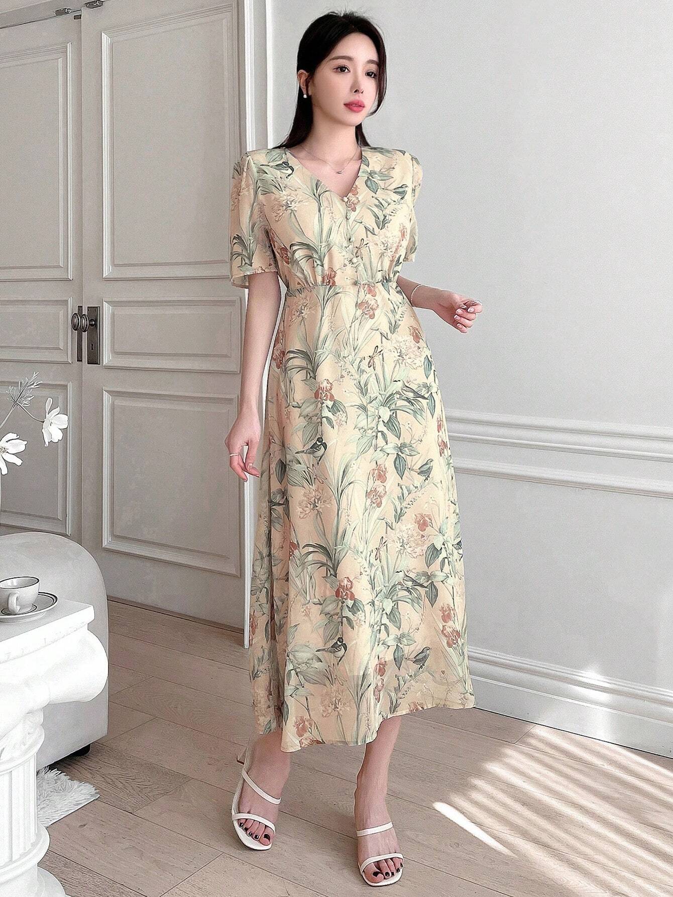  | SHEIN Dazy Designer Floral Print Deep V-Neck Wrap Tie Short Sleeve Dress With Ruffle Hem For Women | Dress | Shein | OneHub